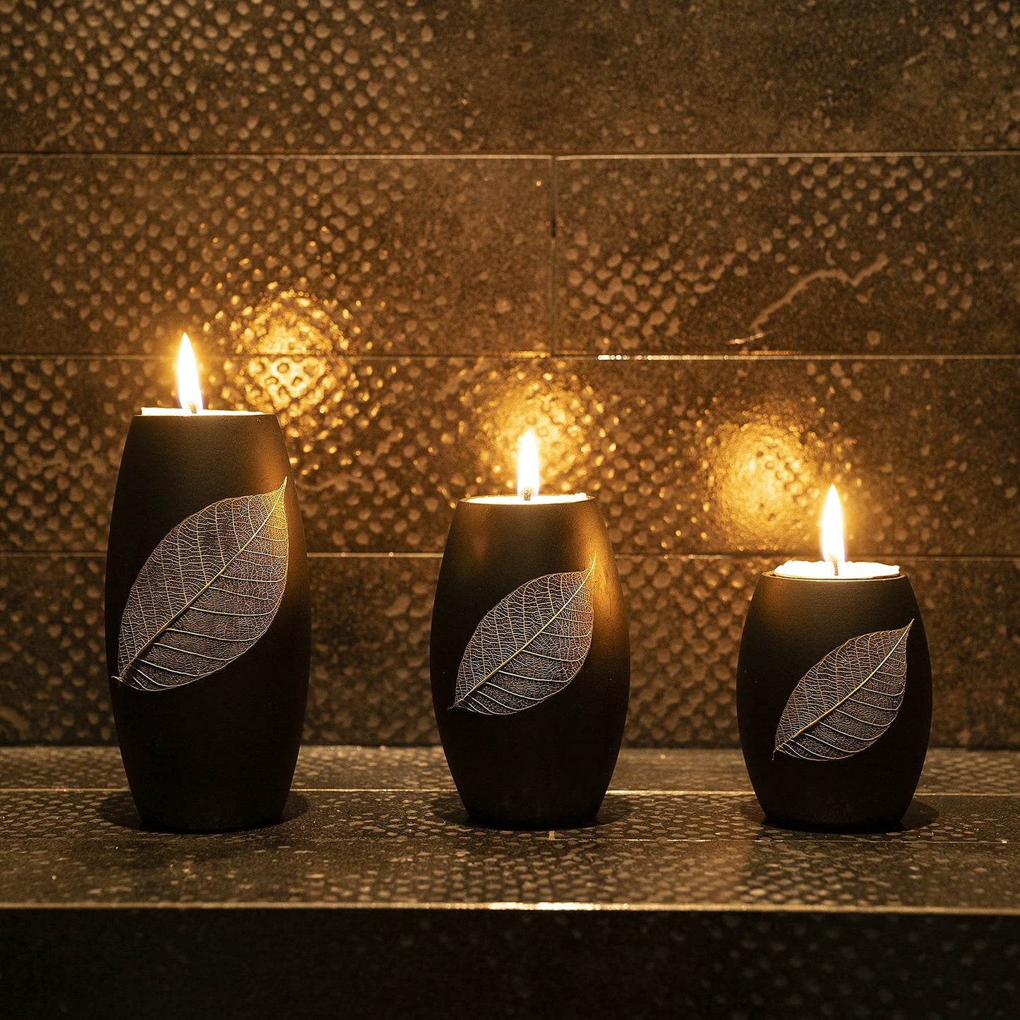 IYARA CRAFT Candle Holder Set with Tray – 3 Handmade Wood Tealight Holders, Black Leaf Design, Winter Home Décor, Spa-Inspired Holiday Centerpiece & Elegant for Women, Mom, Housewarming