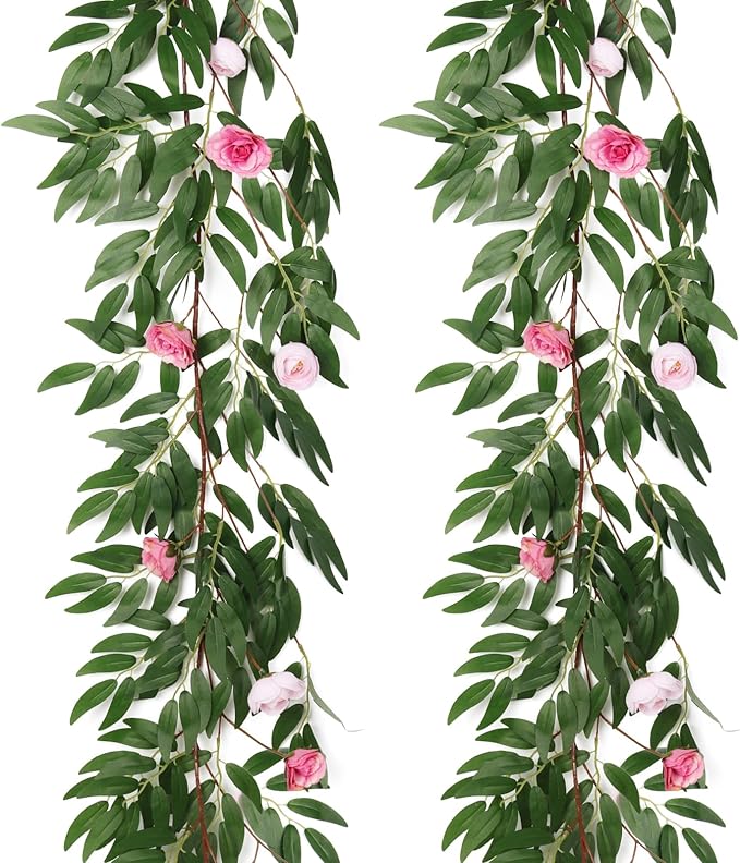 RECUTMS Artificial Hanging Willow Leaves Vine Twigs Whit Roses Flower 2Pc 5.7Ft Faux Ivy Plant Silk Green Leaf Rose Floral Garland Greenery Indoor Outdoor Wedding Jungle Birthday Party Garden Decor