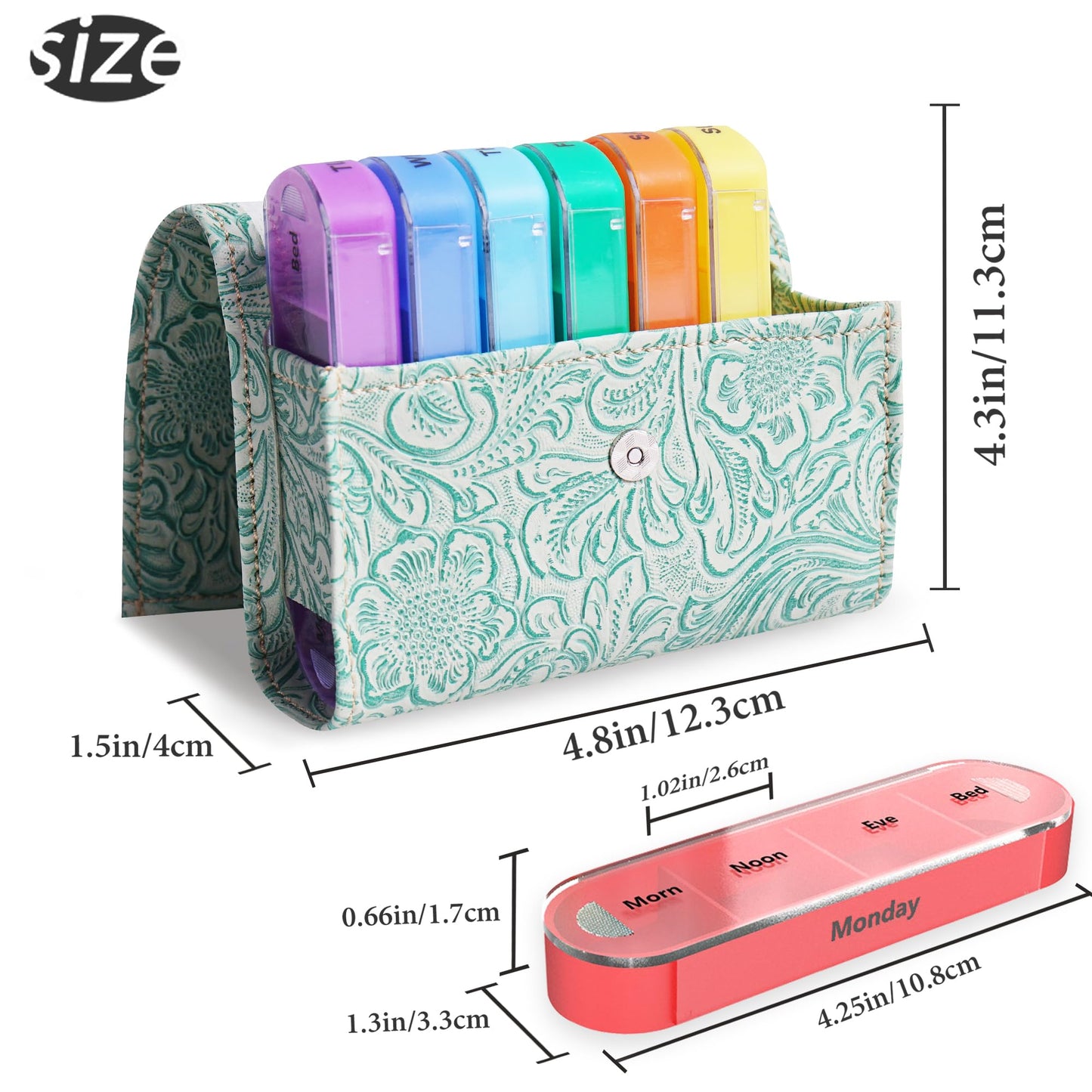 Pill Organizer,Haecsfl Weekly Travel Pill Case Box Medication Reminder Daily AM PM, Day Night 7 Compartments,for 4 Times A Day, 7 Days a Week-Includes Leather PU Carrying Case(1-Carved Green1)