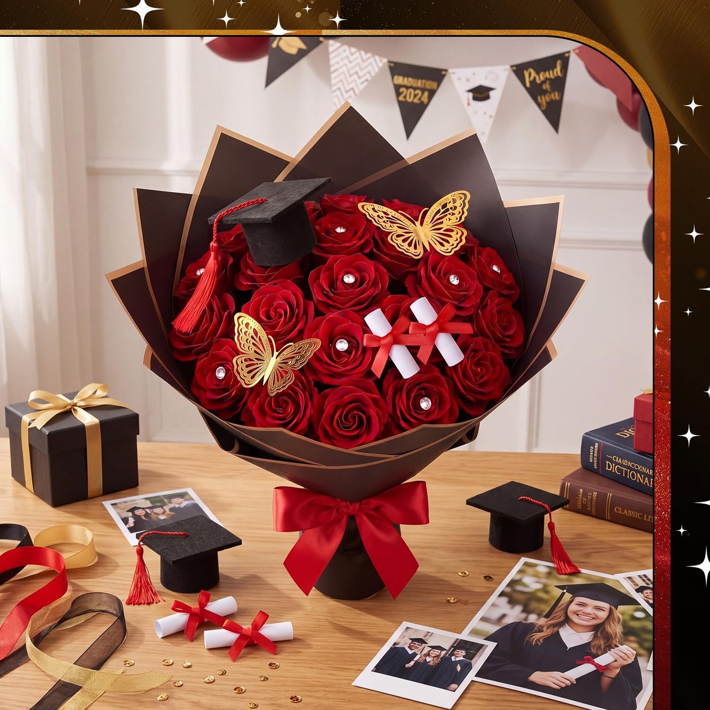 Gilprop 45 Pcs Graduation Flower Bouquet Kit Include 12 Butterfly Decorations 4 Mini Grad Cap 4 Certificate Scrolls Floral Tapes Wraps 25 Diamond 2026 Grad Party Decor Flower Bouquet Gift (Red)