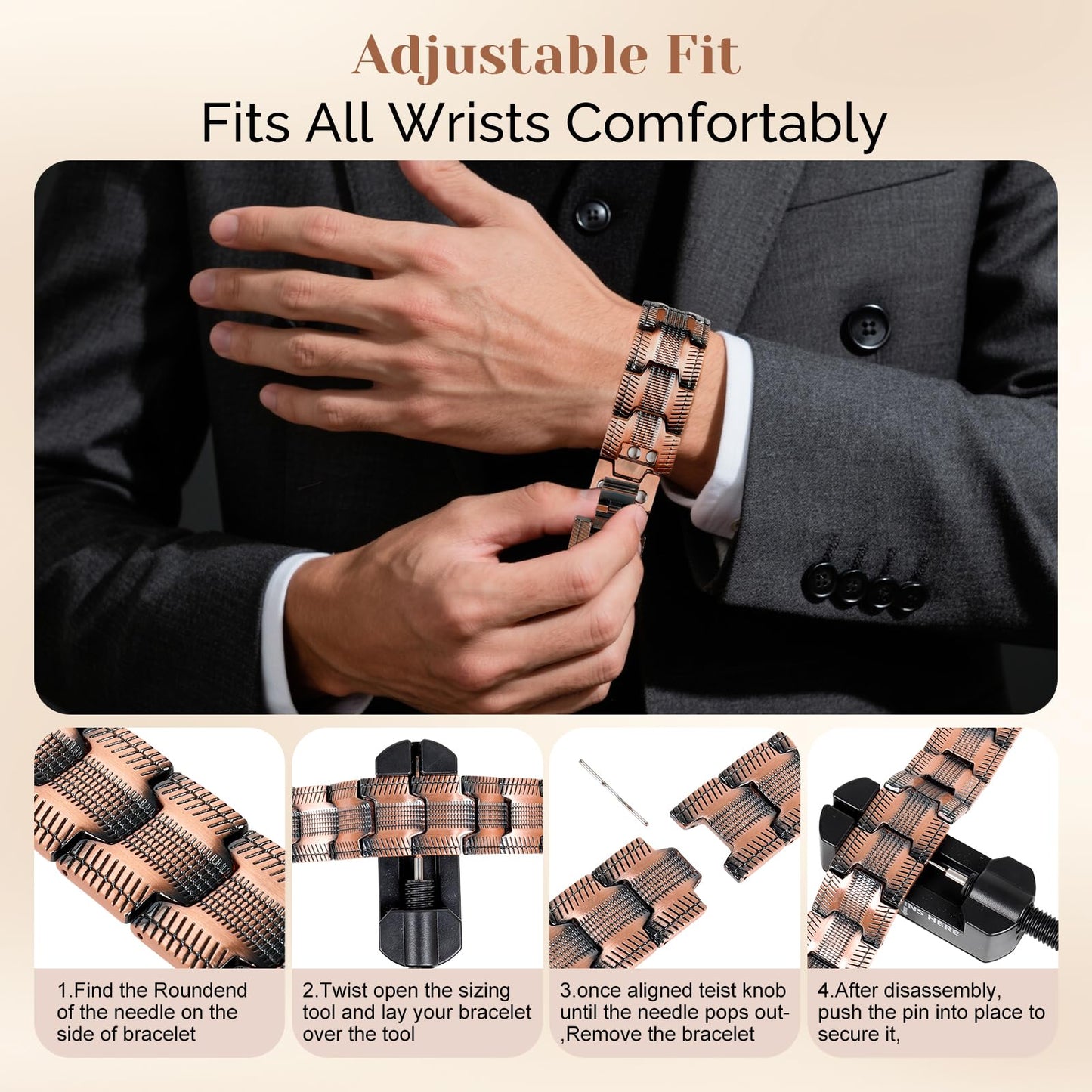 JEROOT Men's 99.99% Pure Copper Magnetic Bracelet, 3500 Gauss Magnets Adjustable with Sizing Tool