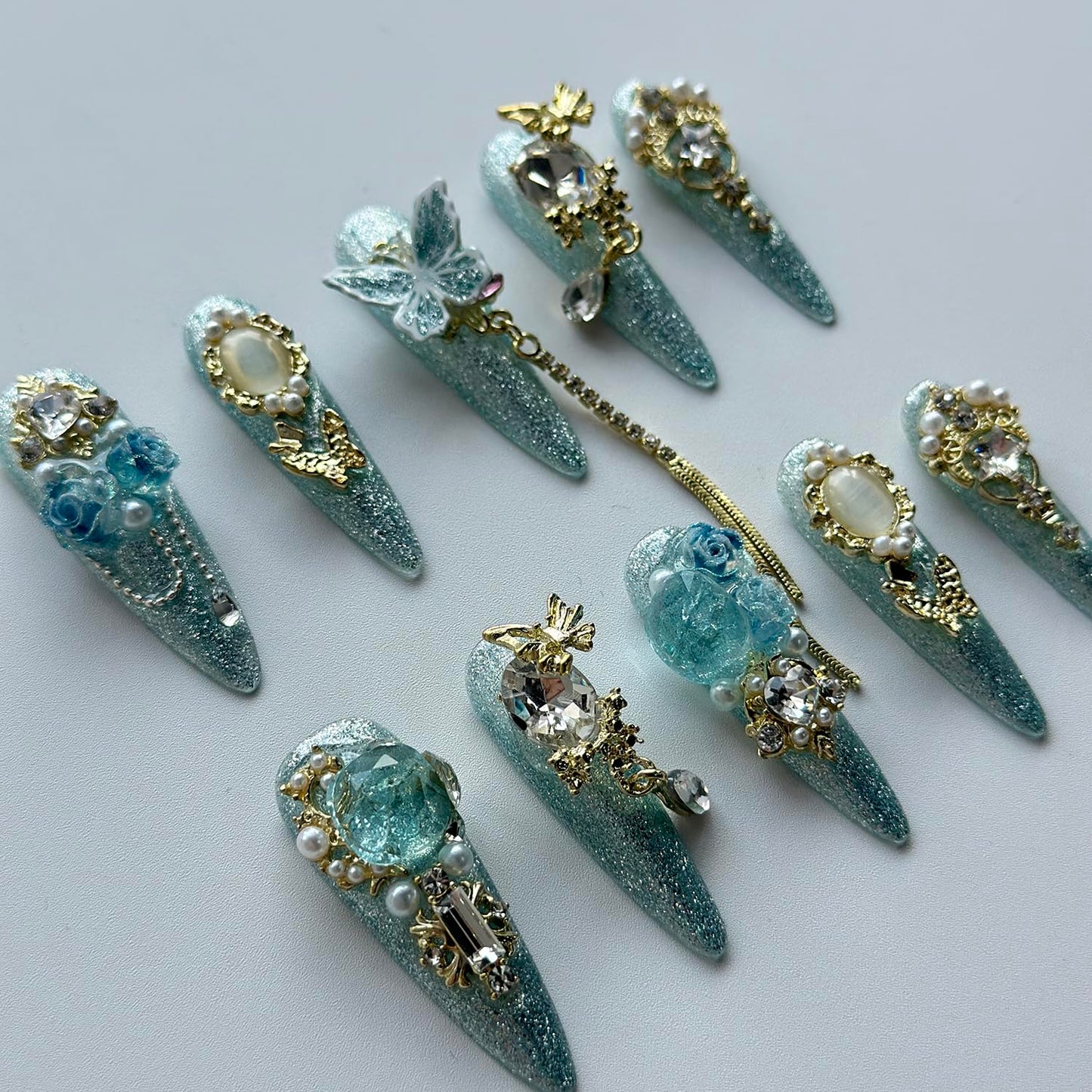 Luxury Press on Nails Long Almond Handmade 3D Unique Reusable ABS Material Fake Nails Light Blue Gothic False Nails with Designs Rhinestones Charms Glitter Glossy Glue on Thick Acrylic Nails(S)