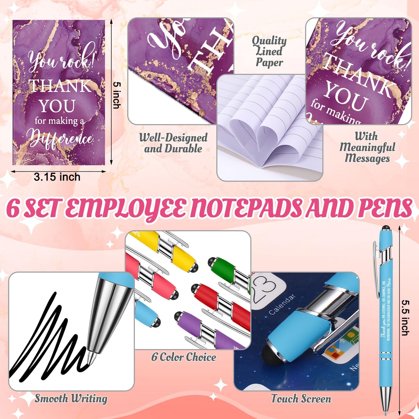 30 Pcs Volunteer Appreciation Gifts Bulk Include 6 Inspirational Makeup Bag 6 Colorful Gift Bag 6 Keychain 6 Marble Notepad and 6 Bamboo Ballpoint Pen for Staff Team Volunteer Week