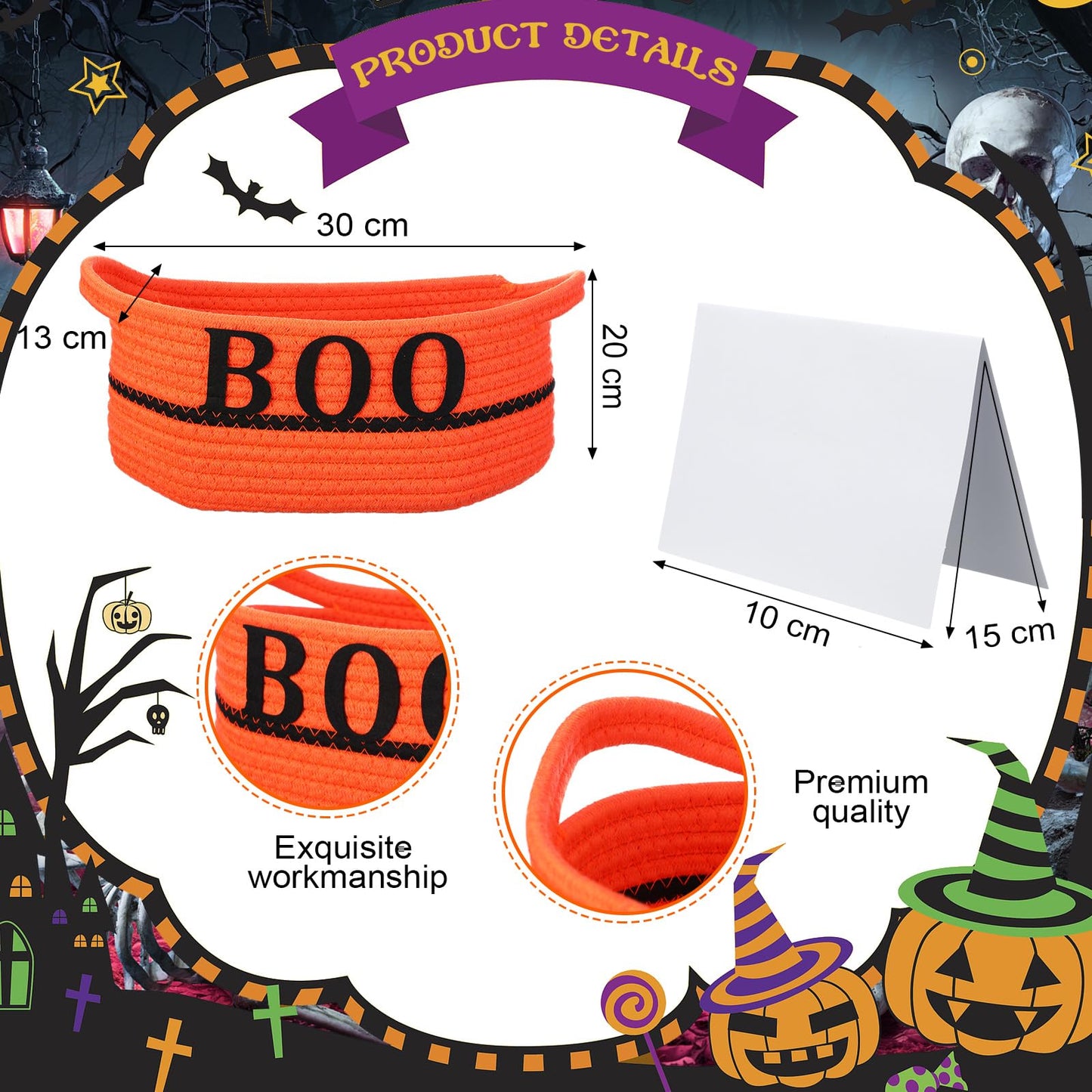 Potchen Halloween Boo Basket Gift with Handles Funny Boo Cotton Rope Basket Empty Trick or Treat Storage Bin with Clear Plastic Bag Ribbon Gift Card Envelope Set for Halloween Celebrations(Orange)