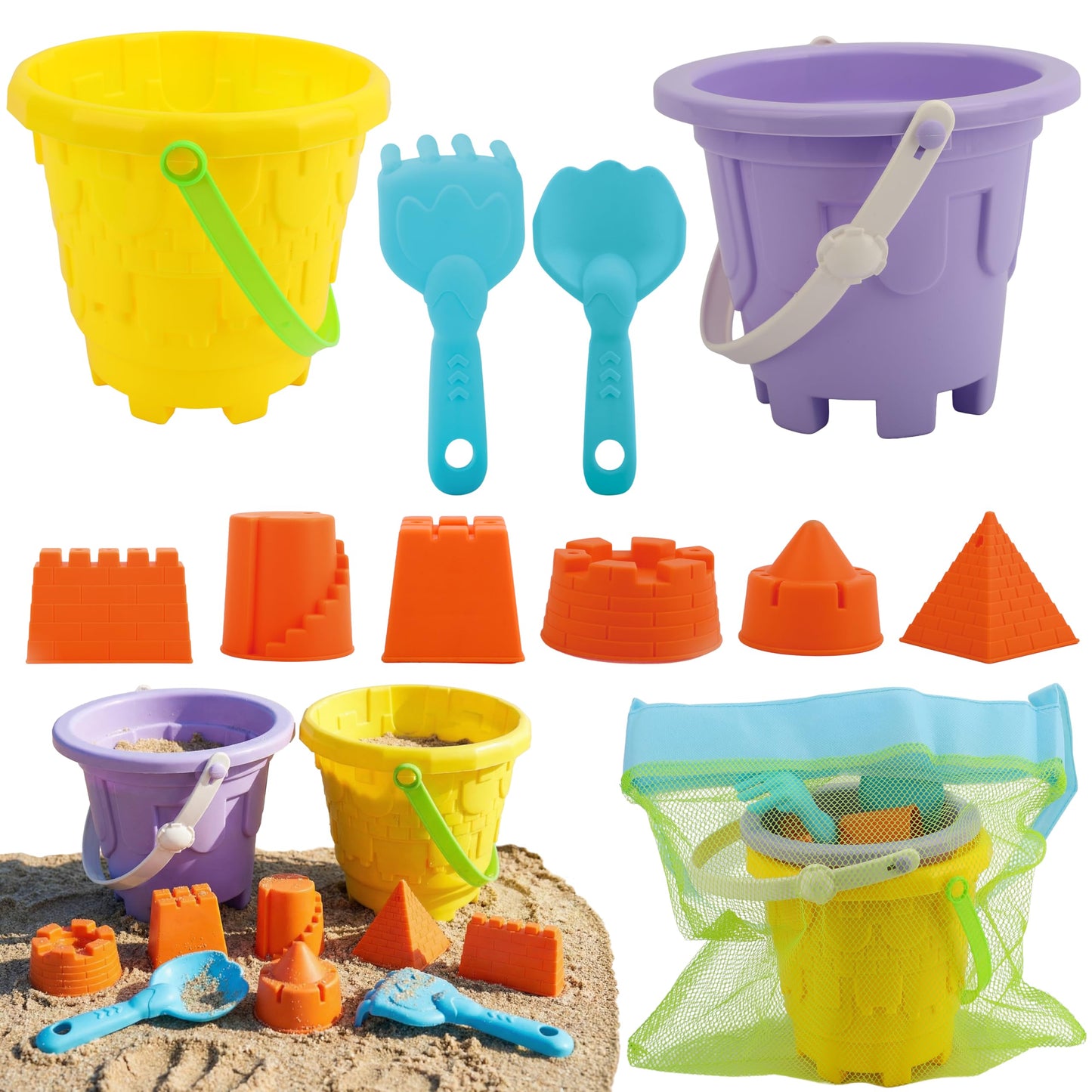 TOY Life Kids Beach Sand Castle Bucket Set, 2 Buckets with Mesh Bag, 6 Molds, 2 Shovels, Colorful Plastic Beach Toys for Summer Play