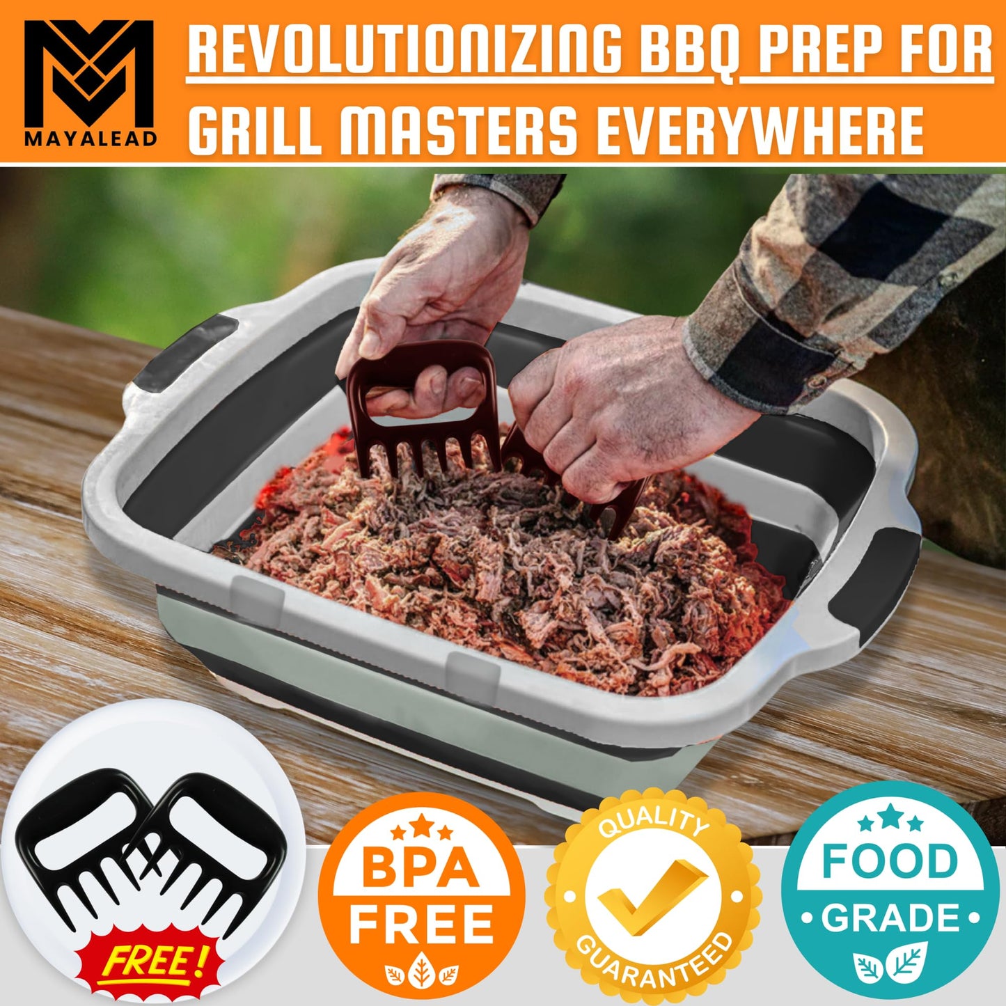 MAYALEAD BBQ Prep Tub with 2 Pcs Meat Shredder Claws, Collapsible Cutting Board, Cutting Board with Locking Lids, Drip Easy BBQ Prep Tub with lid-XL Size (Black)