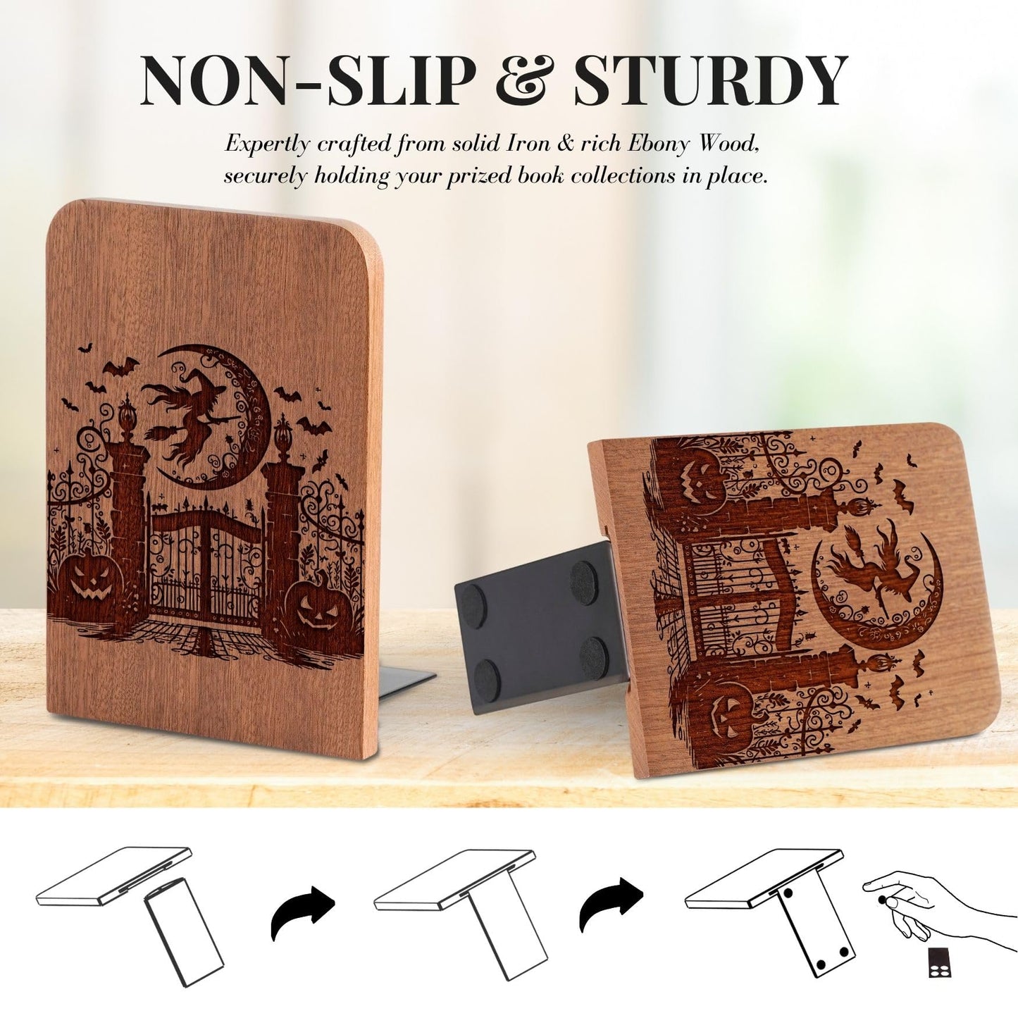 Goth Gifts for Women Men, Gothic Bookends, Heavy Duty Wooden Book Ends for Shelves Decorative(1 Pair, 4.72x6.69 Inches) - Witch