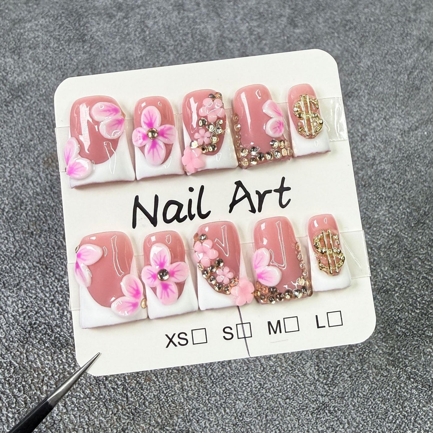French Tip Press on Nails Handmade Short Duck 3D Flower Thick Acrylic Nails White False Nails with Pink Floral Rhinestones Designs Elegant Glossy Fake Nail Sturdy Wedding Art Press on Nail 10Pcs(S)