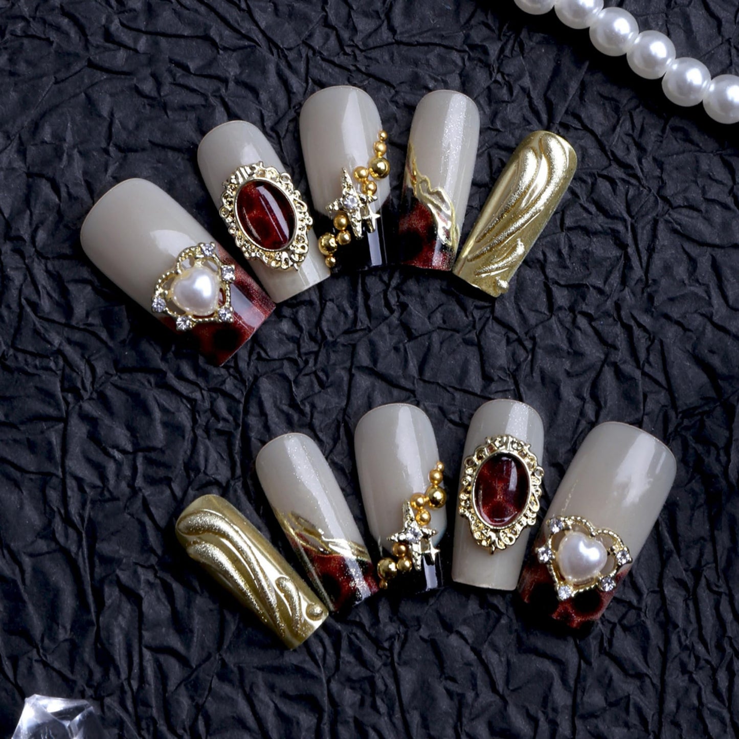 Long Press on Nails Square Fake Nails Gold Artificial Nail Tortoise Shell and Gold Charm Designs Rhinestones Stick on Nail for Women 24pcs