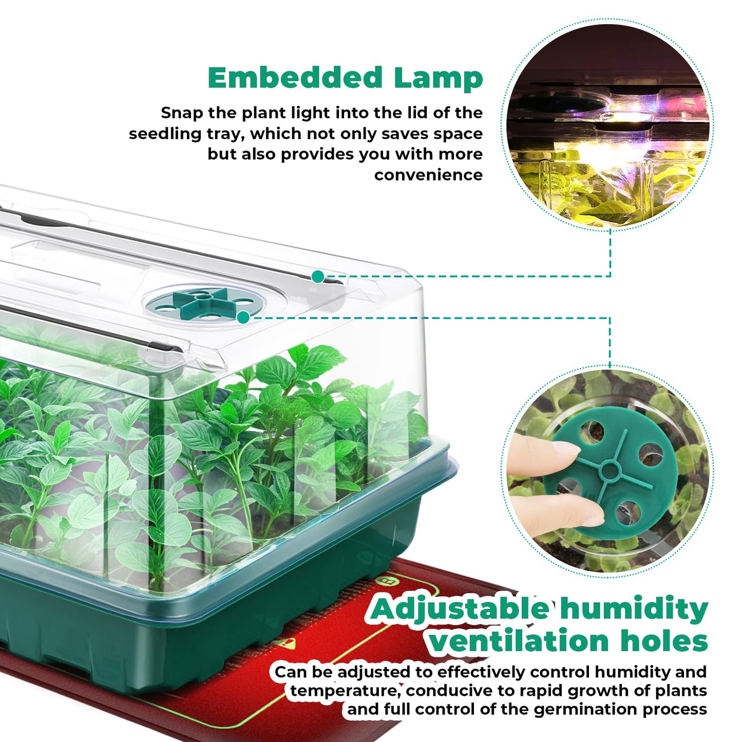 Ourhom Seed Starter Tray, Seed Starter Kit with Grow Lights and Heat Mat, 96-Cell Seed Growing Tray, Seed Starting Trays Plant Starter Kit and Base, Indoor Gardening Plant Germination Trays (2)