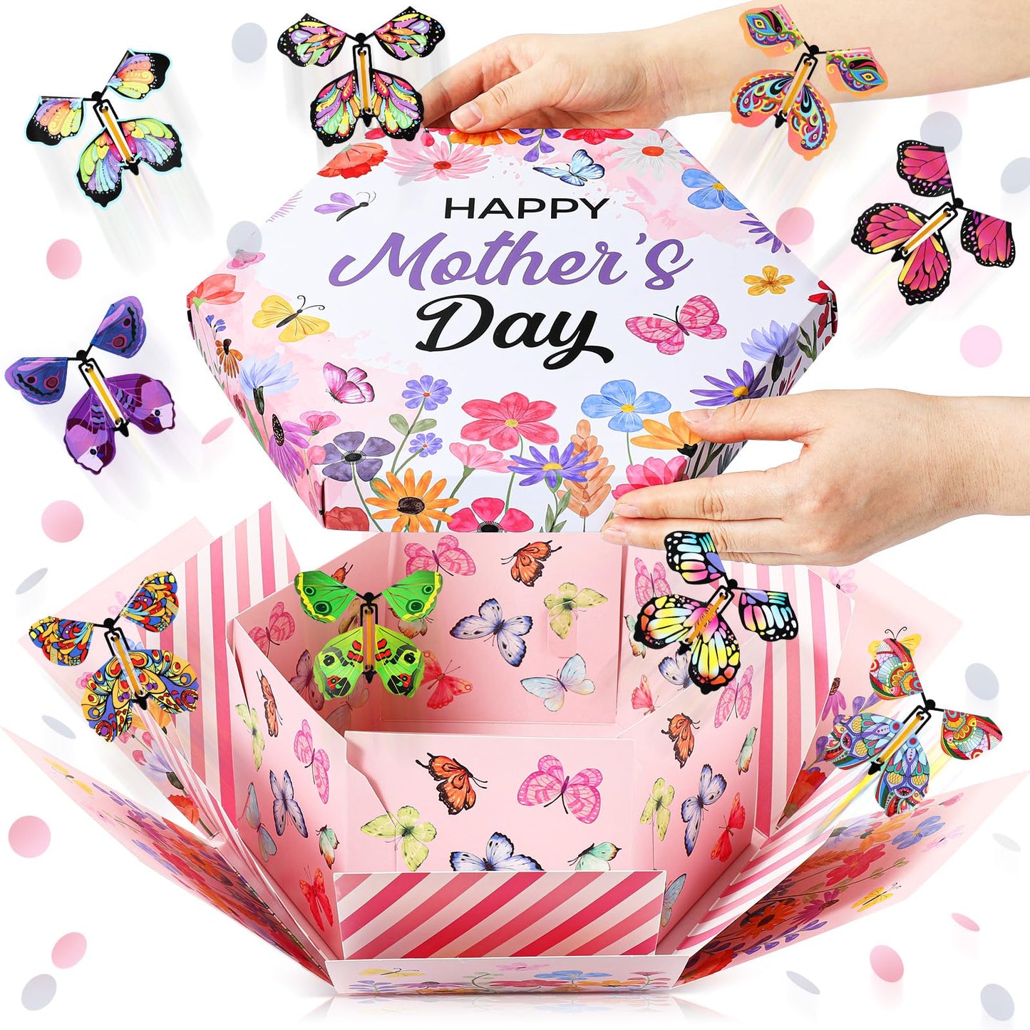 AmazingSpark Happy Mother's Day Flying Butterfly Surprise Explosion Gift Box 5.7 x 5.7 x 5.7 Inches Gift Explosion Box with 15 Pcs Flying Butterfly Exploding Surprise Gift for Mother's Day Birthday