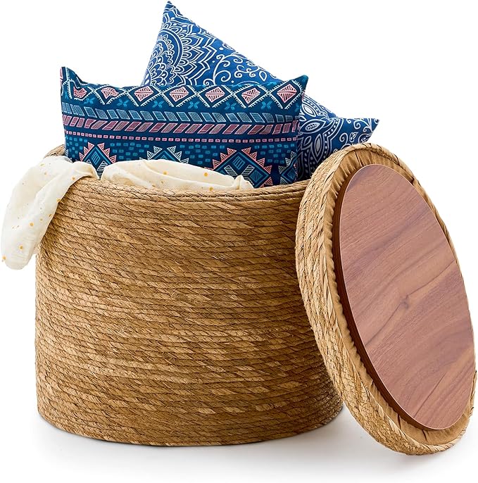 Wimarsbon 18'' Ottoman Pouf, Natural Braided Poof, Rustic Handweave Lounge Pouffe, Boho Footrest Stool for Bedroom, Accent Table for Living Room (Storage - 18inch Natural Cattail L)
