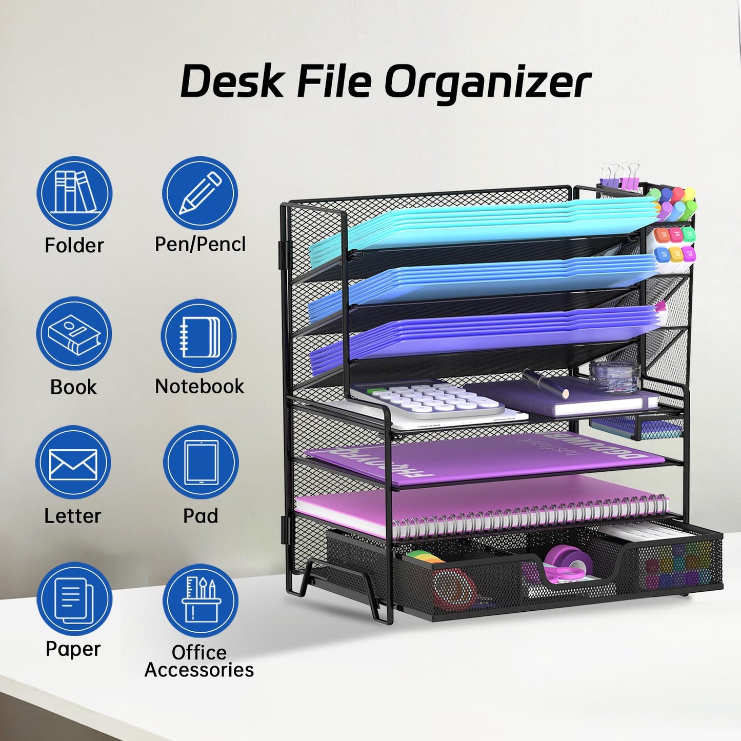 ReePlan 4 Tier Desk Organizer + 3 Tier File Holder + 4 Pen Holders + Drawer, 7 Tier Desk File Organizers, Desk Organizers and Accessories for Office Home School, Black