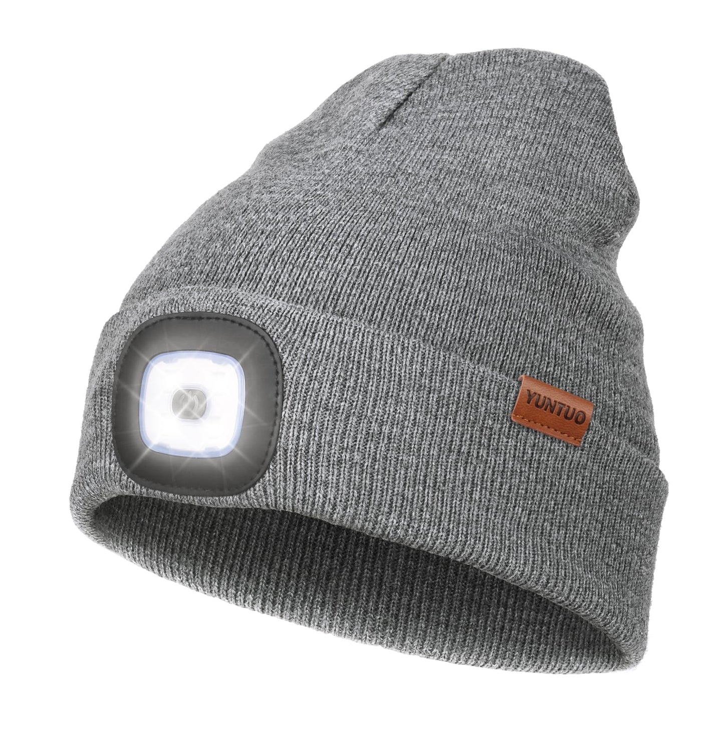 YunTuo Rechargeable LED Beanie with 4 Lights - Unisex Winter Knit Cap with USB Flashlight for Men and Women (Grey)