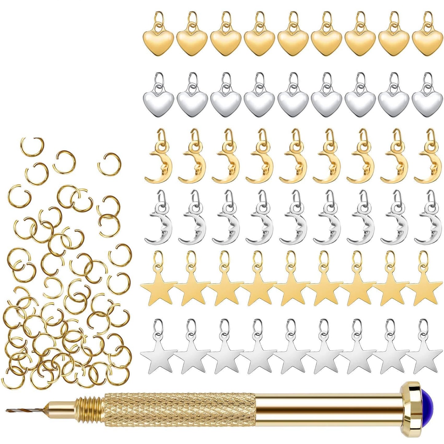 PAGOW 155 PCS Dangle Nail Art Charm, Nail Jewelry Rings with Nail Piercing Tool Hand Drill for Tips, Acrylic, Gels and Decorations