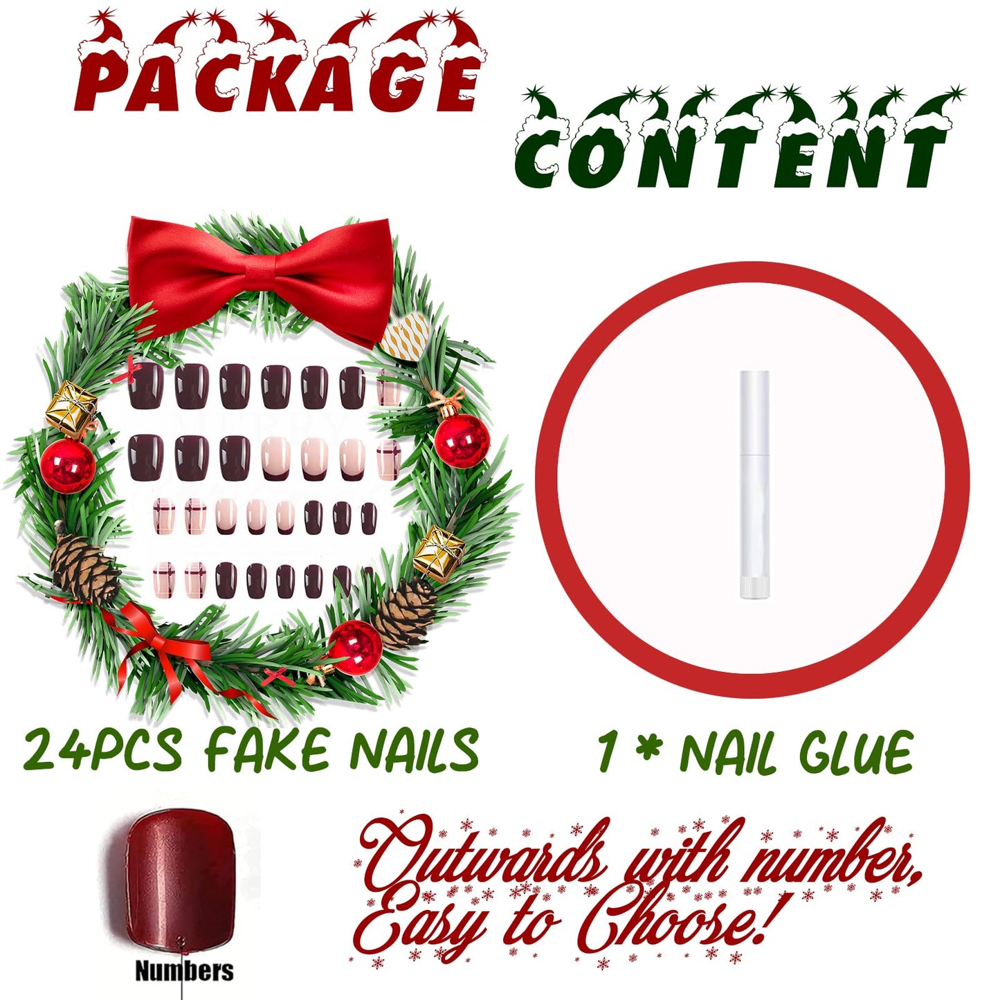BABALAL Short Square Press on Nails, Red Fake Nails Glue on, French Tip Fall Plaid Design 24Pcs Cute Squoval Manicure Artificial False Nails for Women and Girls