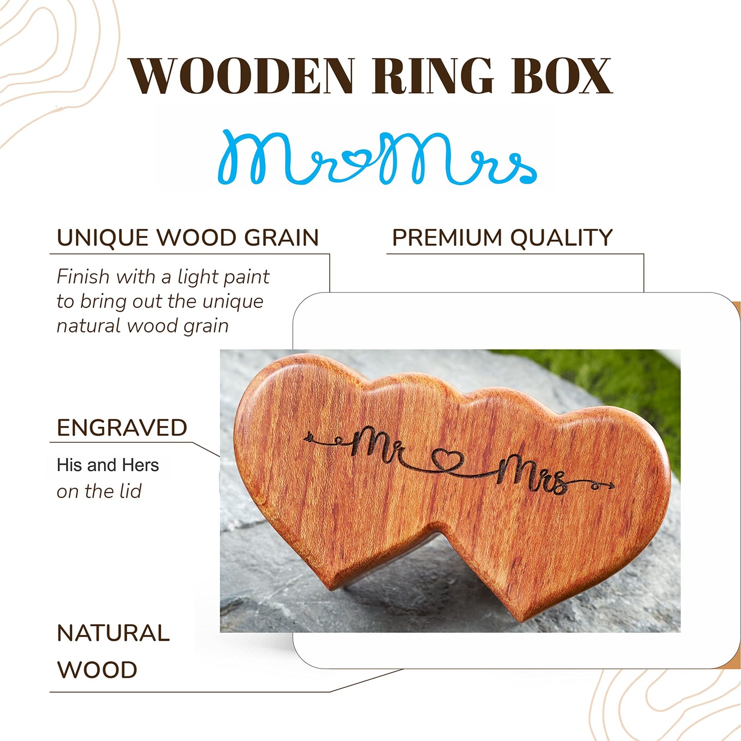 Handicraftviet Ring Box Mr and Mrs – Handmade Heart Shape Ring Box for Wedding Ceremony, Wedding Ring Holder Small Engraved for Engagement/Proposal, Rustic Ring Boxes (Wood Ring Holder)