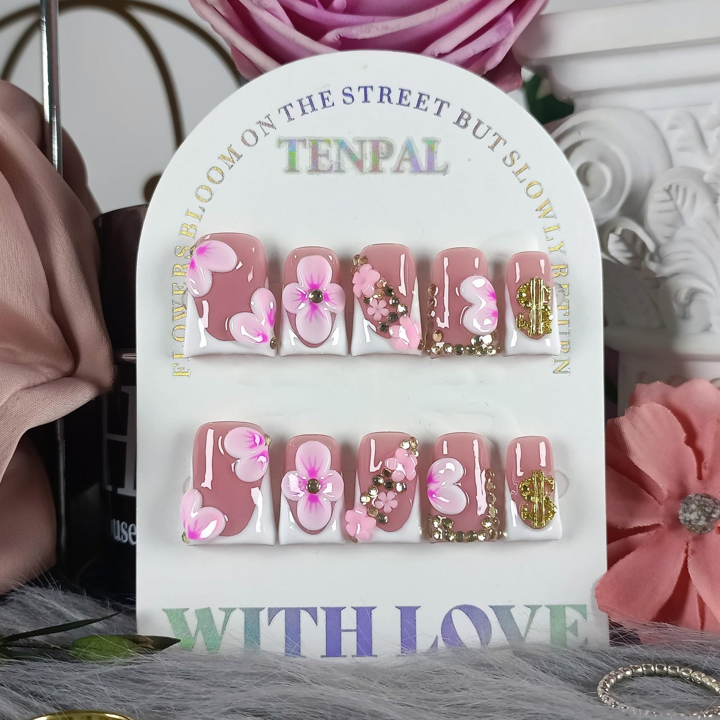 TENPAL Duckbill Press on Nails - White Pink 3D Floral French Tip Fake Nails with Rhinestones | Icy Glossy False Nails with Tools| Handmade Soft Gel Y2K Duck Nails(S)