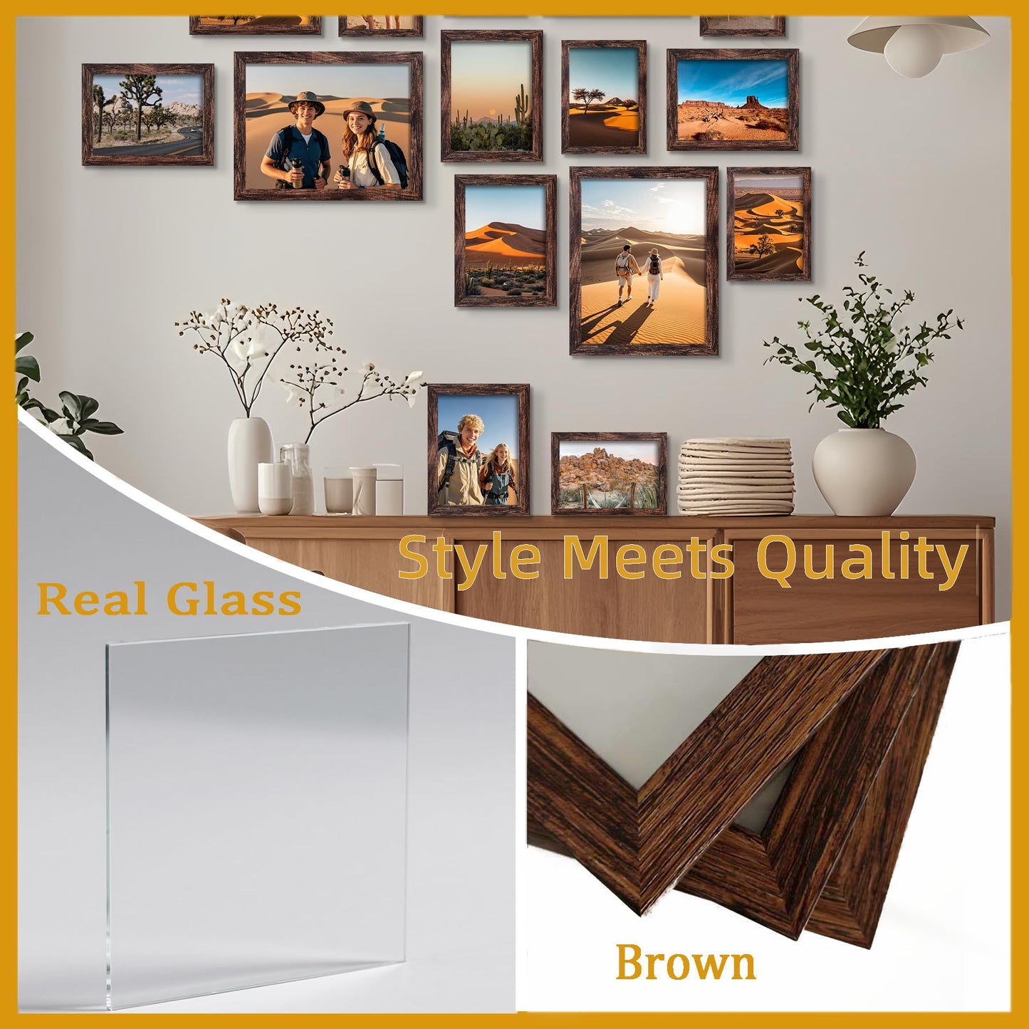 BESCRCL 15 Pack Real Glass Picture Frames Collage Wall Decor, Including 3pcs 8x10, 6pcs 5x7, 6pcs 4x6 Photo Frames for Gallery Wall or Tabletop Display, Brown