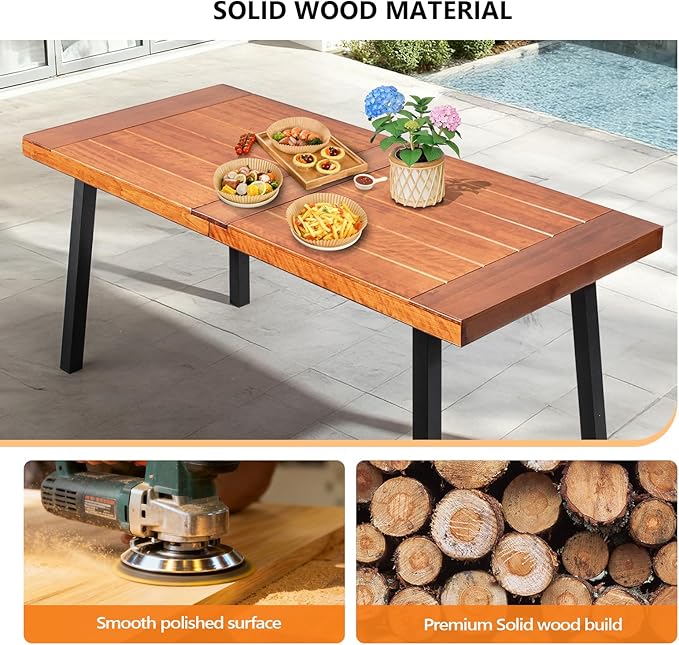 VINGLI 69 Inch Wood Dining Table with Iron Legs, 6-Person Indoor Outdoor Patio Garden Table, All-Weather Rustic Farmhouse Kitchen Table