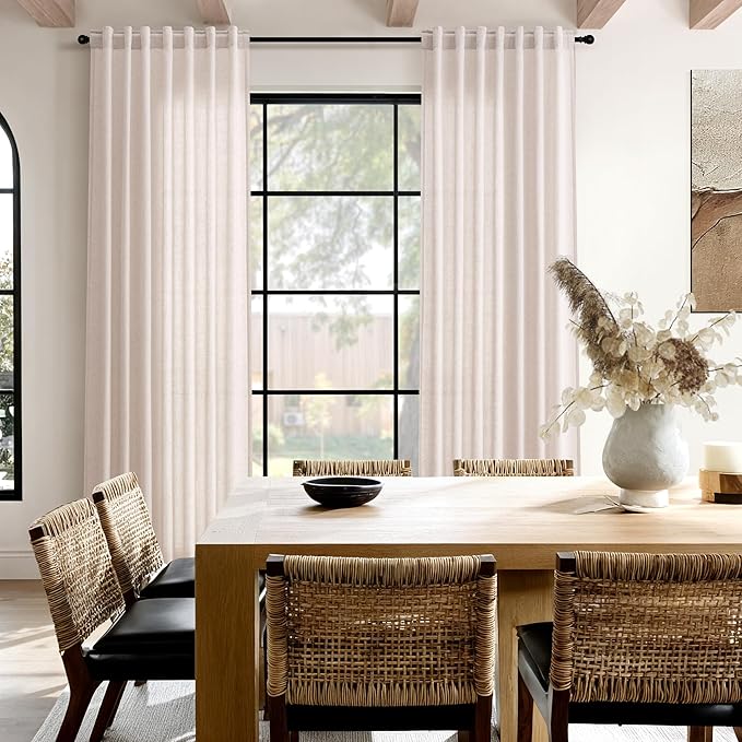 Nanspring Natural White Linen Curtains 84 Inch Length for Living Room Burlap Light Filtering Semi Sheer Curtain Back Tab Neutral Farmhouse Privacy Drapes for Bedroom Office 52x84, 2 Panels