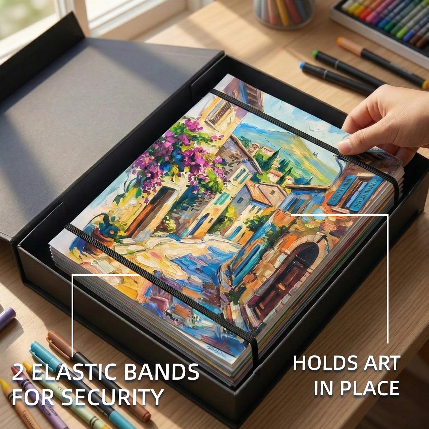 JJRING 9x12 Foldable Art Portfolio Storage Box with Elastic Bands, Student Artwork Keepsake & Professional Document Organizer Folder For Drawings and Classroom Use (Black)