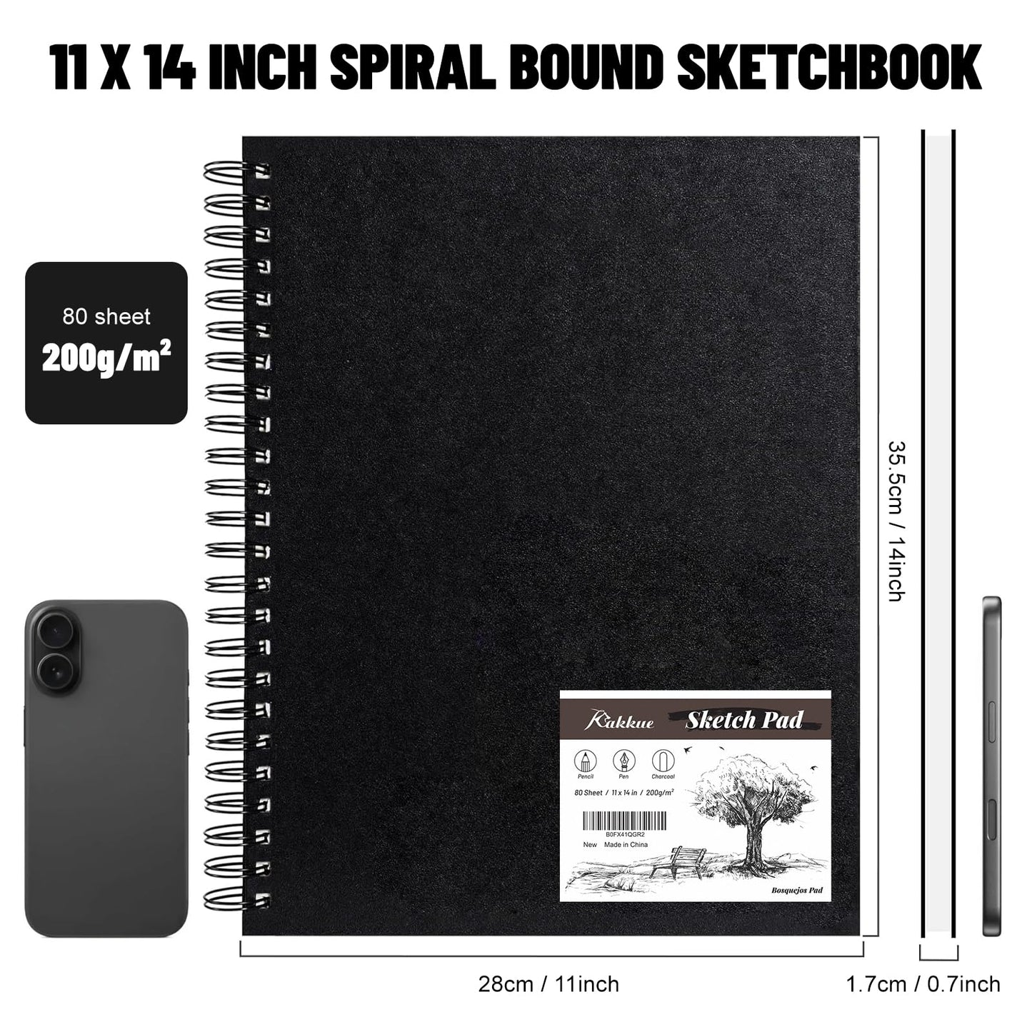 KAKKUE 11" x 14" Hardcover Sketch Book, 200gsm/80 Sheets Professional Thick Drawing Paper, Spiral Bound Pad, Acid-Free Perforated for Mixed Media, Sketching & Drawing, for Artists & Kids