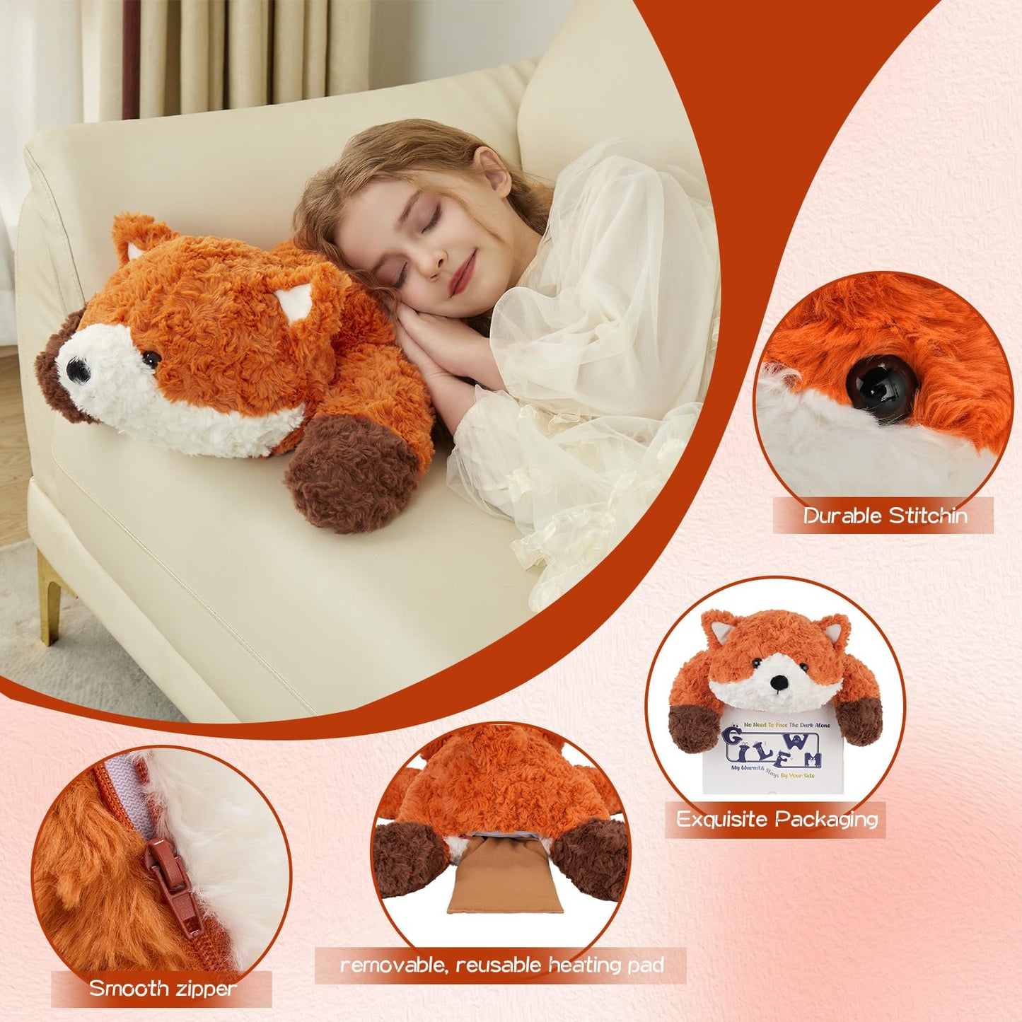 GILFWM 25" 5 Lbs Weighted Stuffed Animals Fox, Heatable and Coolable Weighted Plush with Microwavable Heating Pad,Removable Soft Washable Cute Plushie Pillow Toy Gifts for Adults and Kids