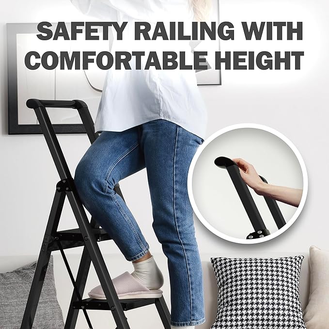 Taranta 5 Step Ladder,Liahtweight Aluminum Laddewith Handgrip, Portable Folding Stepladder with Anti-SlipPedalfor Home, Ofice, Kitchen 330lbs - Black