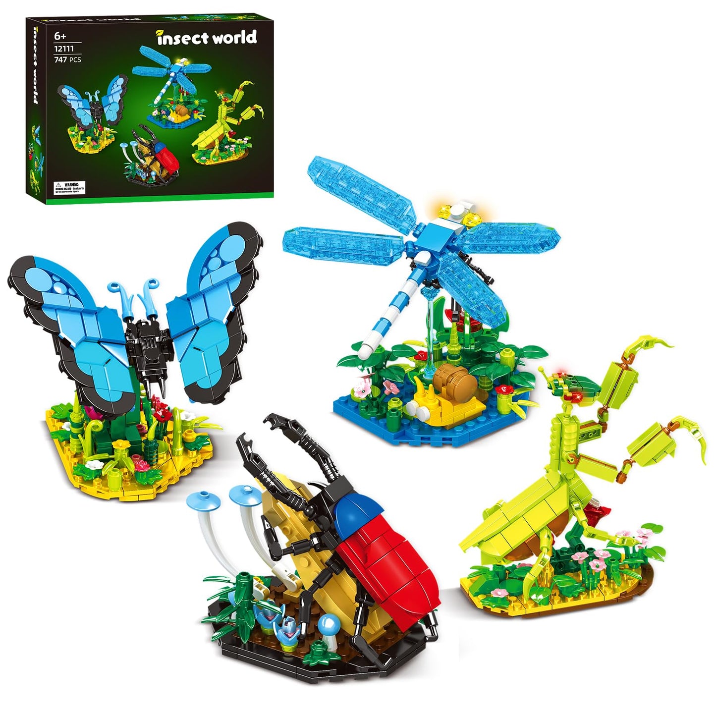 mesproud Ideas Insect Collection Toys, Bug Building Set with Life-Size Blue Morpho Butterfly, Hercules Beetle, Dragonfly and Chinese Mantis Display Models, Nature Décor Gifts for Adults Boys Girls