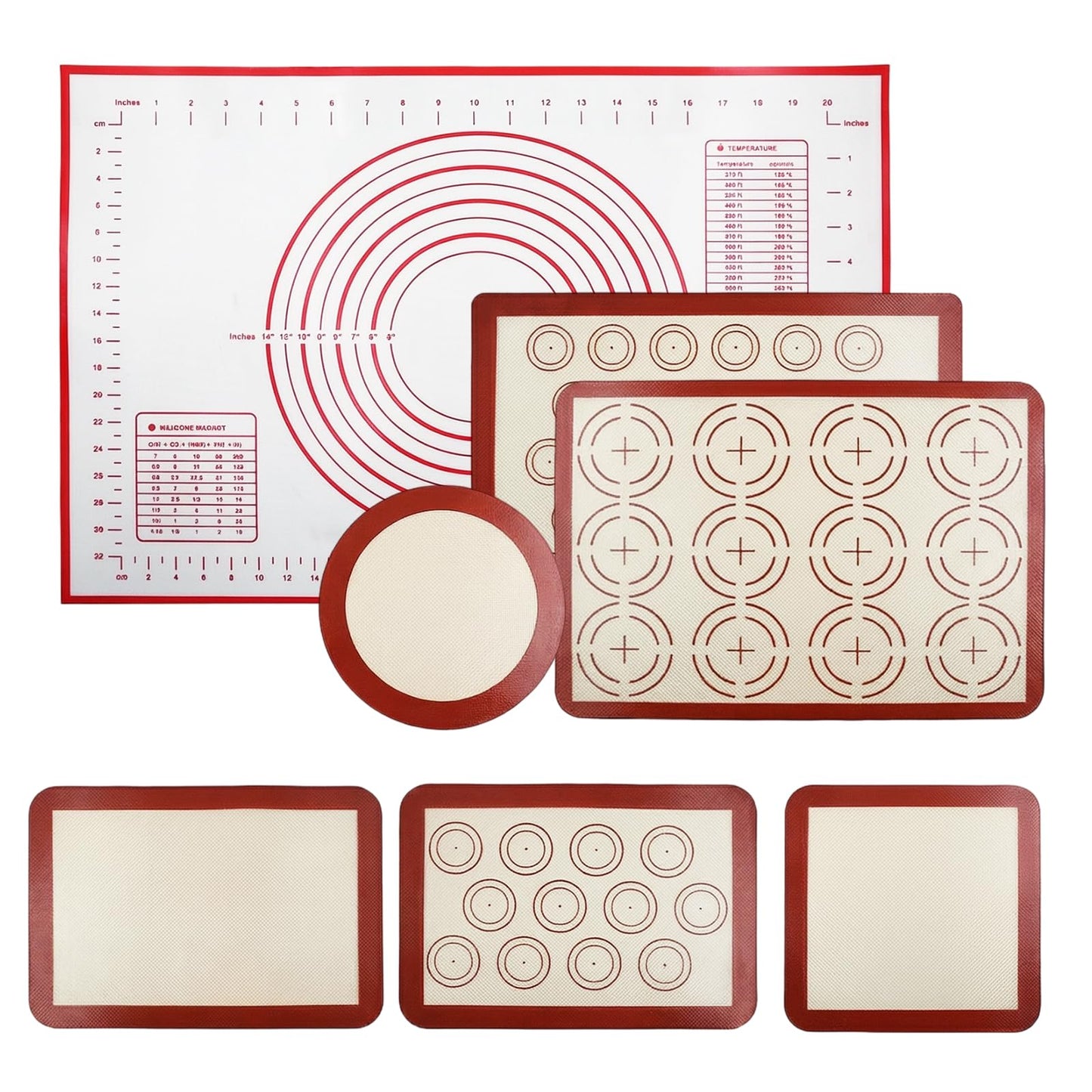 HEIFAM Non-stick Silicone Baking Mat Set of 7, Large Baking Silicone Mat Oven Liner Sheet Reusable, Round Square Cake Mats Tools Accessories, Baking Mats with Measurements for Macaron Dough Pastry red