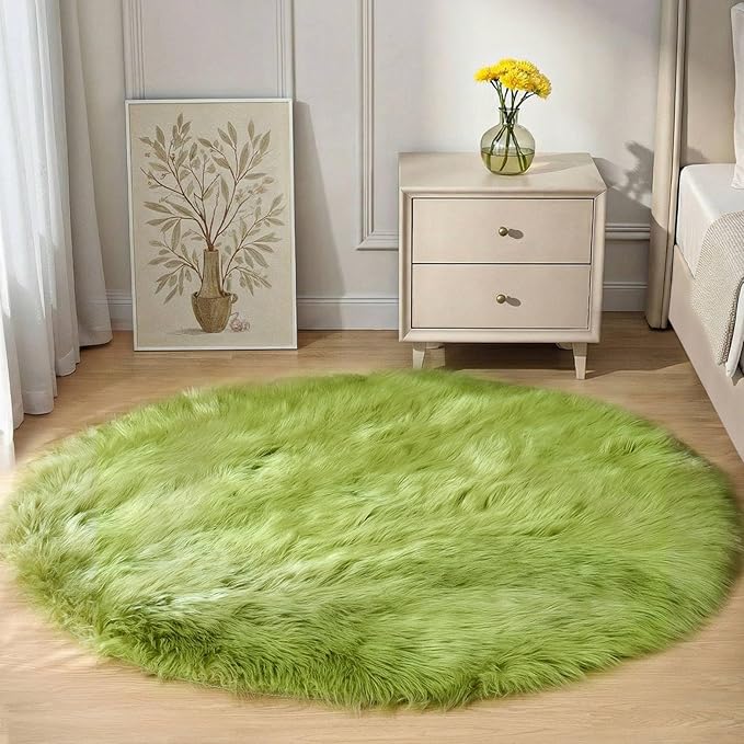 Goolela Lime Green Round Fluffy Rug for Bedroom 3ft Circle Faux Fur Sheepskin Soft Bedside Furry Shag Playroom Small Decor Washable