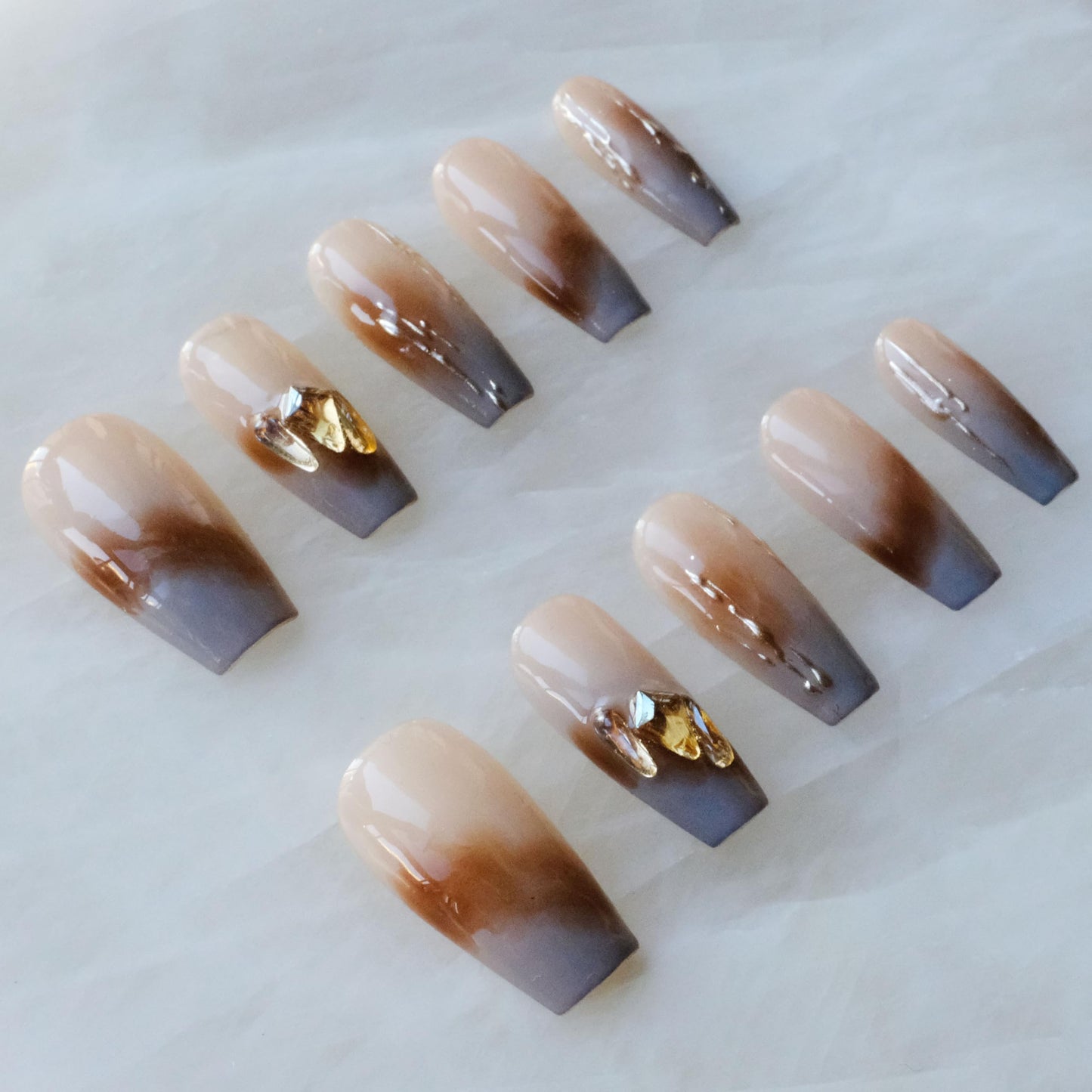 GLORS Ombre Press On Nails, Long Ballerina Style, Nude to Gray with Gold Accent, Handmade False Nail 10 Pieces (Small,LB)