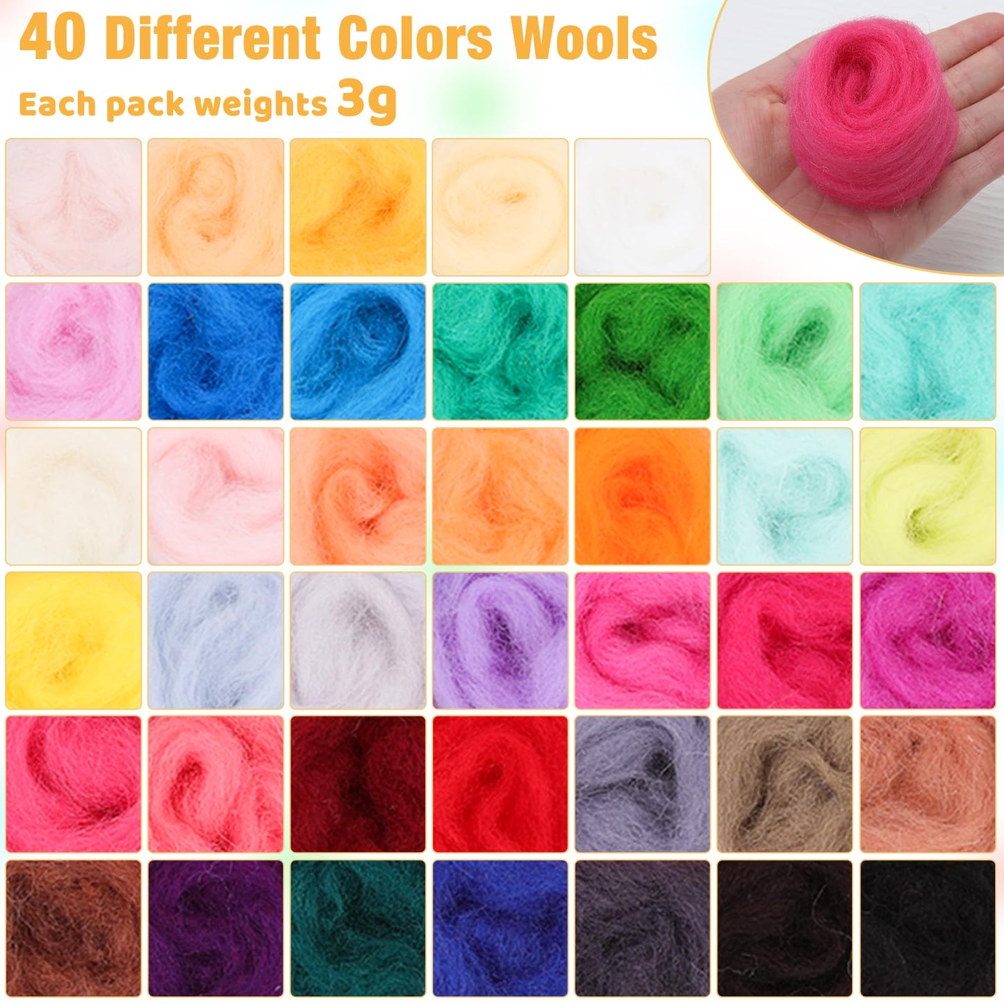 Mayboos Needle Felting Starter Kit,Wool Roving 40 Colors Set, Wool Felt Tools with Instruction Included for Felted Animal Needle Felting Supplies