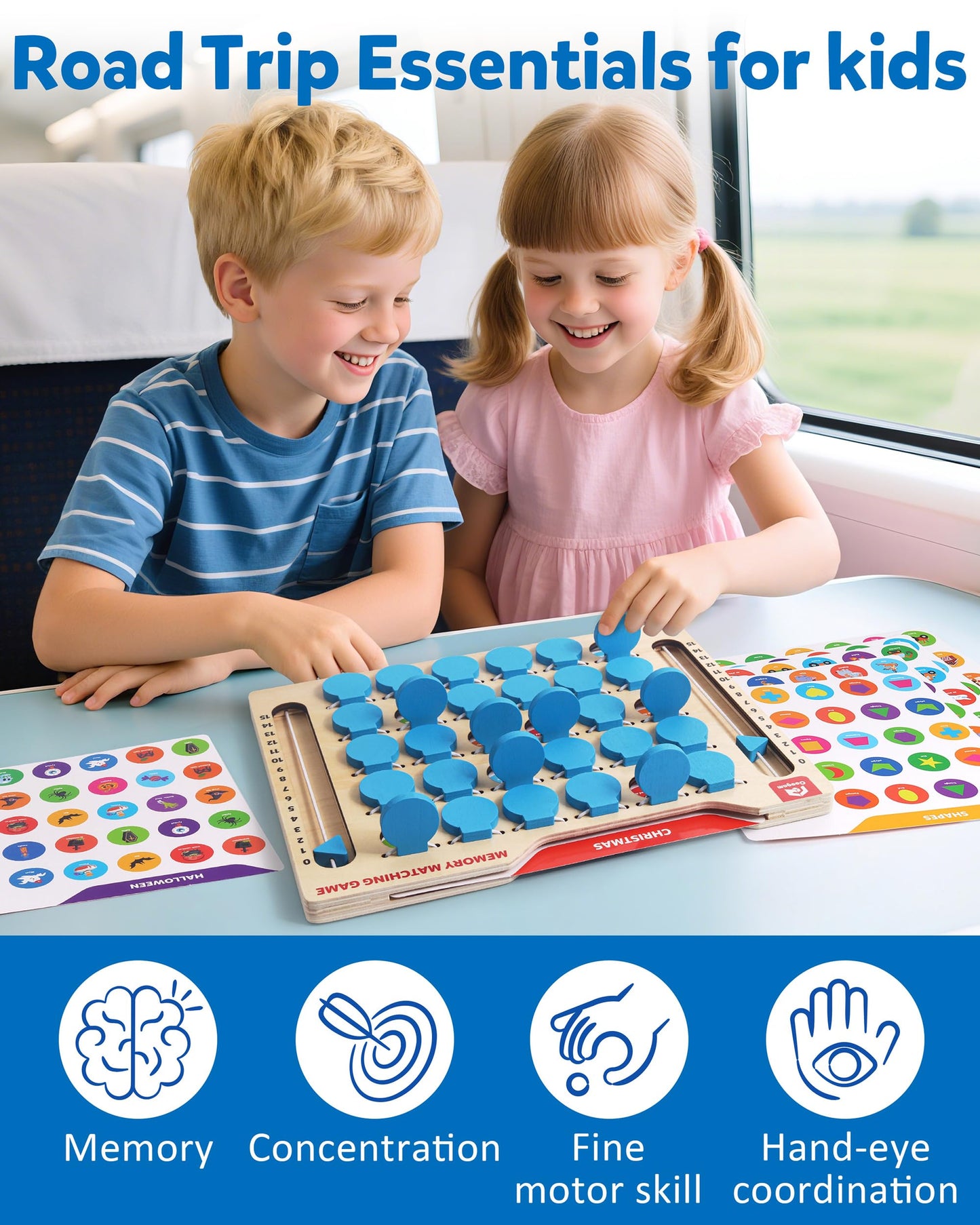 Coogam Memory Matching Game, Wooden Board Travel Toy with Memory Cards, Essential Activity for Road Trip Airplane/Car/Camping, Fine Motor Educational Gift Toy for 3 4 5 Year Old Kids