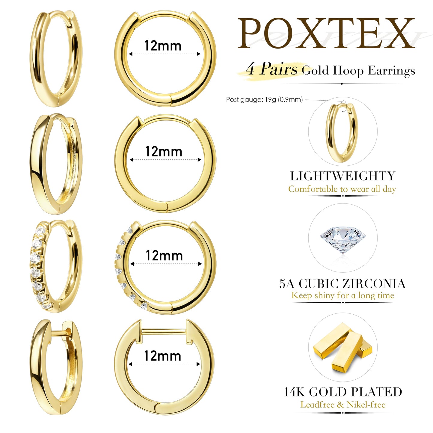 12mm Gold Plated Hoop Earrings Set for Men Gold Plated Stack Cartilage 3 hole Earrings for Multiple Double Piercing Lightweight Clip On Jewelry Gifts for Men