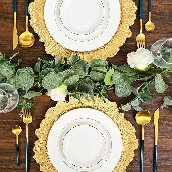 Pesonlook 100Pcs Gold Charger Plates Round 13inch, Reef Plate Chargers for Dinner, Bulk Plastic Floral Table Charger Plates for Dinner Wedding Party Event Table Setting Decoration(Gold)