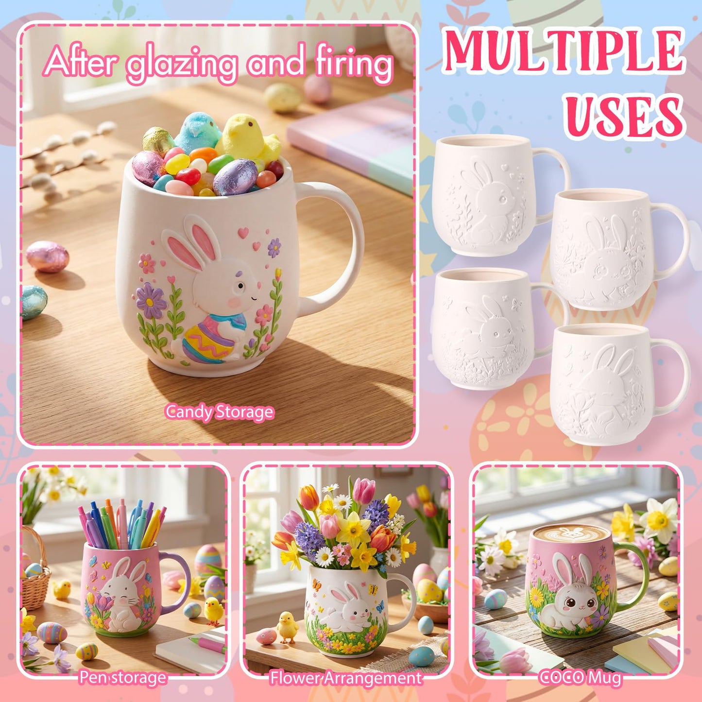 Zubebe 4 Sets Easter Paint Your Own Mugs Craft Kit, Bunny Ceramic to Paint, DIY Mugs for Adults, Festive Coffee Tea Cup for Adults with Painting Set for Easter Basket Stuffers Family Party Favors Gift