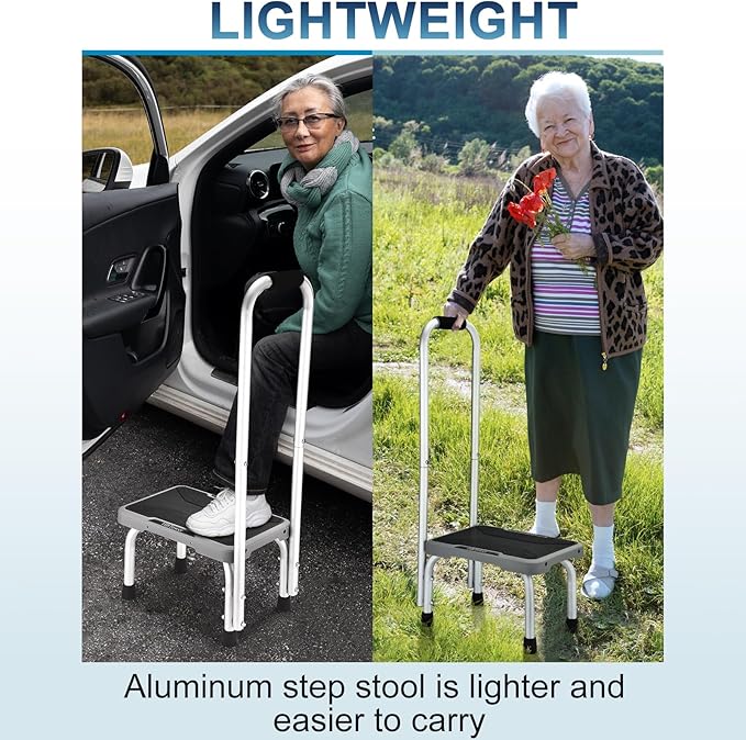 HBTower Aluminum Step Stool with Handle for Elderly, Lightweight Step Stools for Adults Seniors with Non-Slip Rubber Feet, Stepping Stools for Bedroom Kitchen Bathroom, Bed Steps for High Beds
