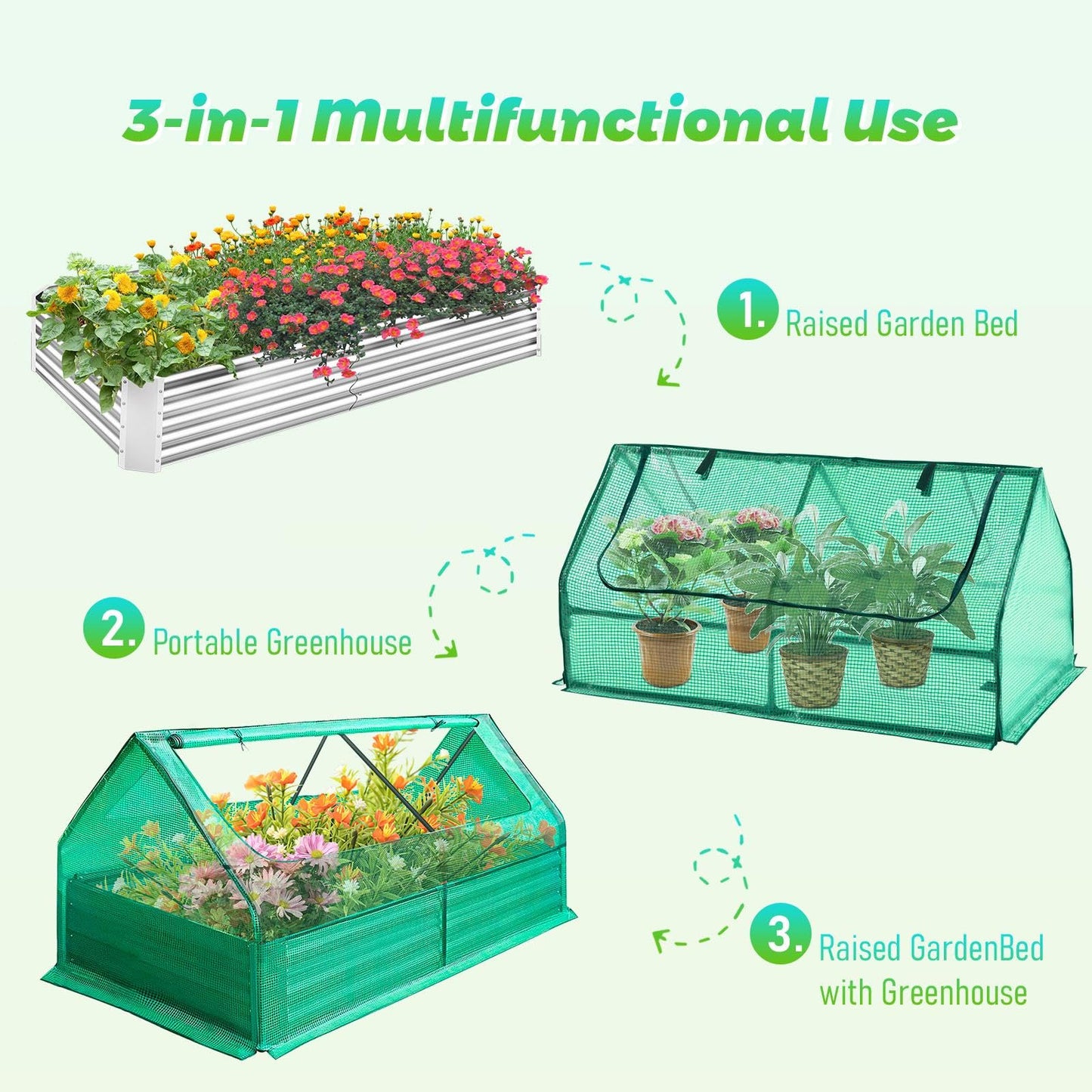 Portable Raised Garden Bed with Mini Greenhouse, 6 x 3 x 1 FT Galvanized Metal Planter Box with 2 Roll-up Zipper Windows PE Cover for Ventilation, Small Greenhouse for Outside Flower Herb Garden