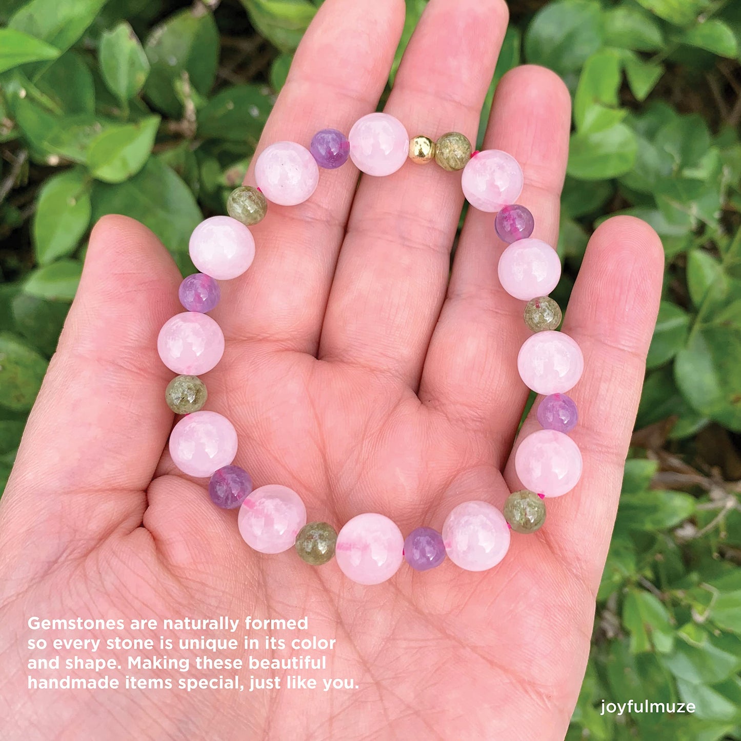 Joyfulmuze Rose Quartz Amethyst Peridot Stretch Bracelet, Natural Energy Crystal Stone Beads, Handmade Gift for Women Men, (Amethyst-Rose Quartz-Peridot)
