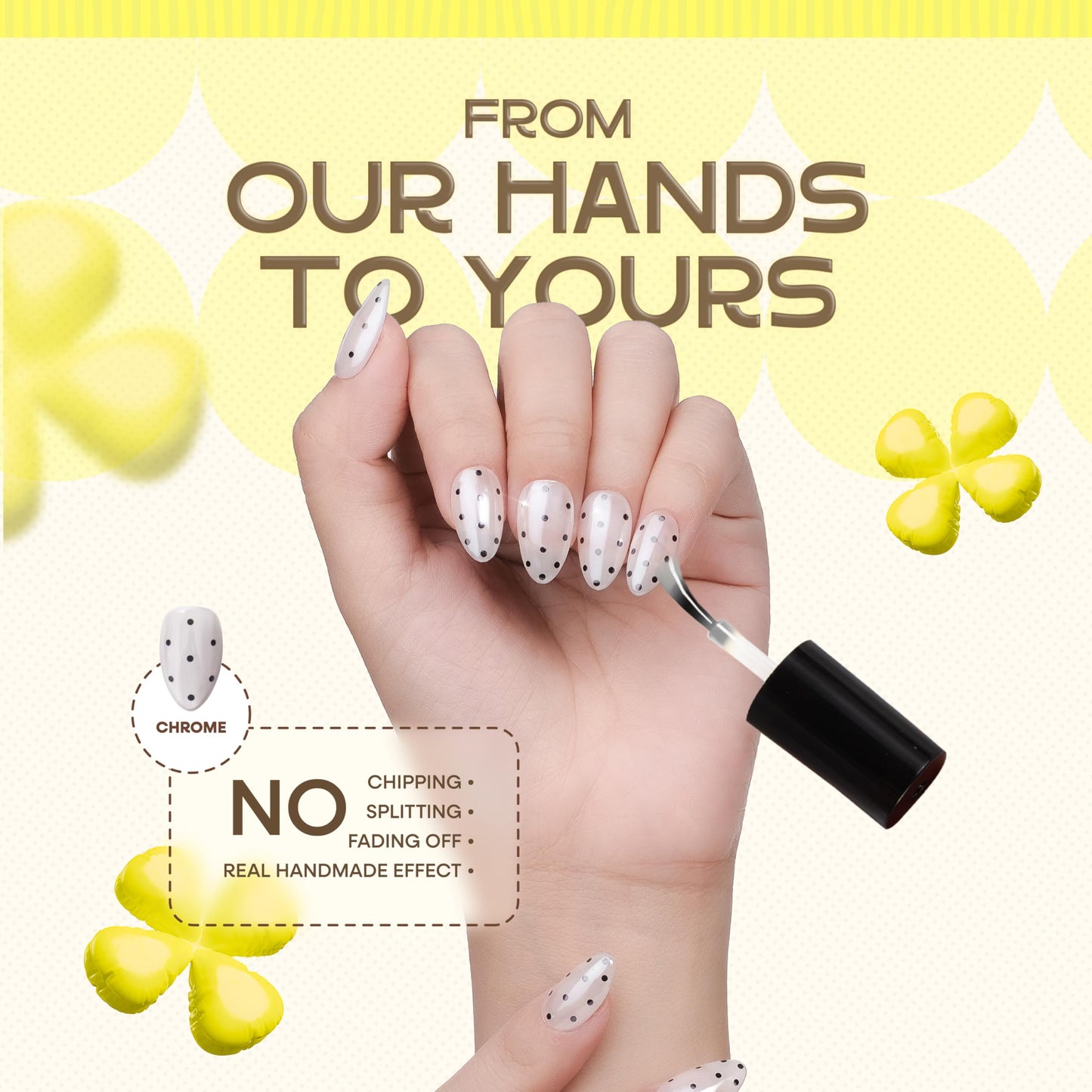 Nailique Press On Nails Short Almond – Handmade Chrome Glazed Donut Soft Gel White Black Polka Dot, 26pcs Reusable Nail Tips with Glue & Remover, Salon Quality Bridal Wedding Manicure