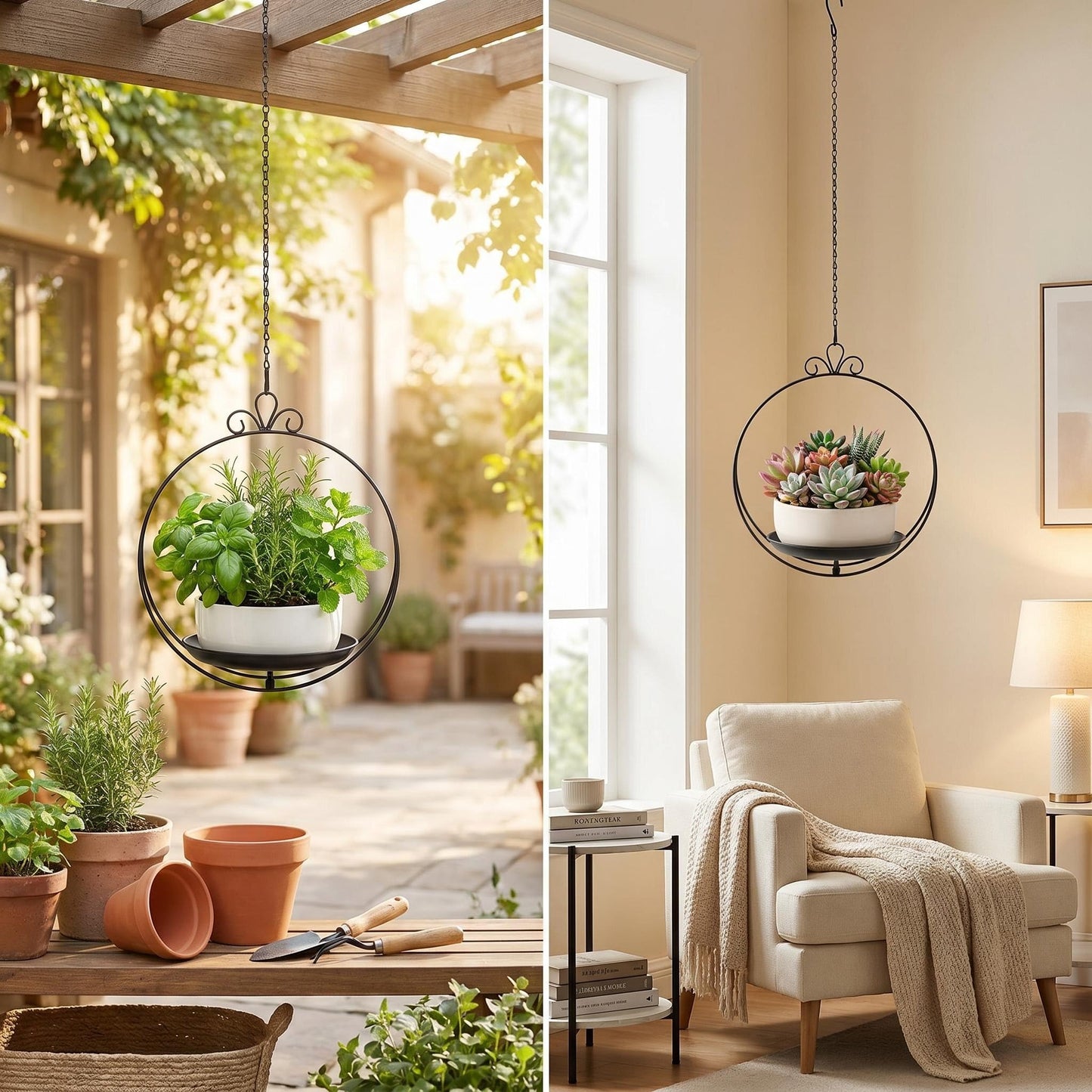 ZYUXUAN Hanging Planters for Indoor Plants, 2 Pack Metal Wall Ceiling Window Plant Hangers Kit with Trays and Chains for Succulents Pothos Herbs Balcony Patio Living Room