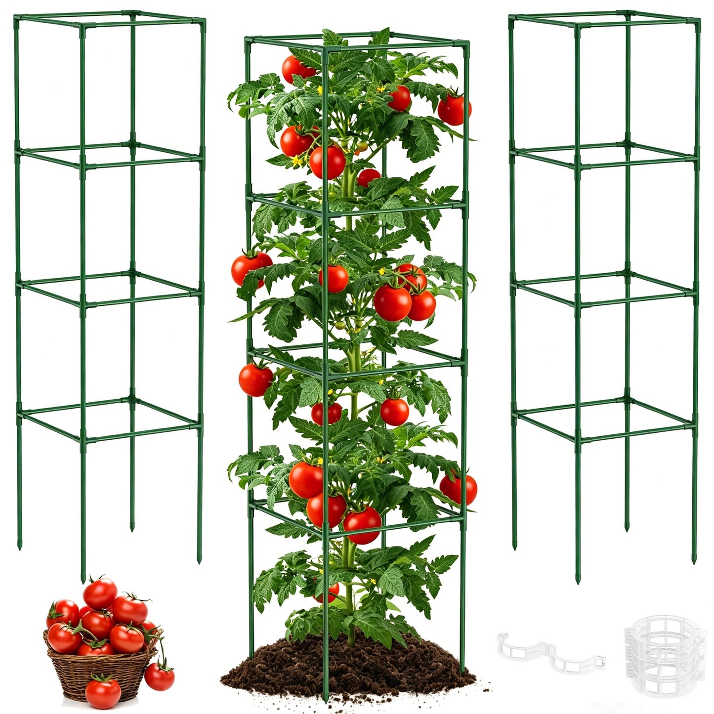 Unves 3 Pack Tomato Cage for Garden, 16" W x 66" H Square Tomato Trellis Plant Support Frame with 50 Pcs Plant Clips, Suitable for Climbing Vegetables, Flowers, and Fruits
