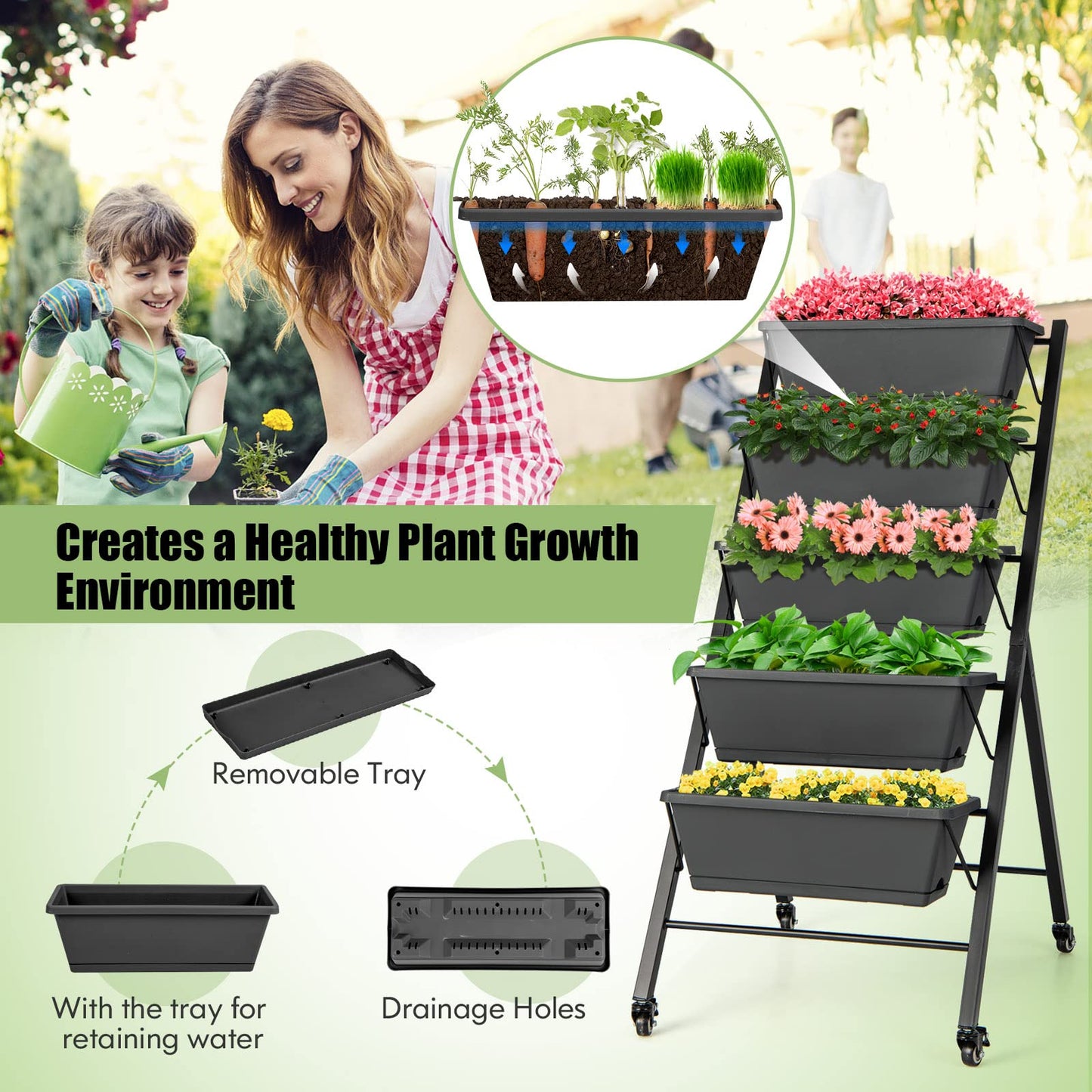 DREAMADE Vertical Garden Bed with Wheels, 5 Tier Raised Garden Bed w/Removable Planter Boxes, Lockable Wheels, Drainage Holes, Rolling Vertical Planter for Herb Vegetable Flower, Outdoor Patio Balcony