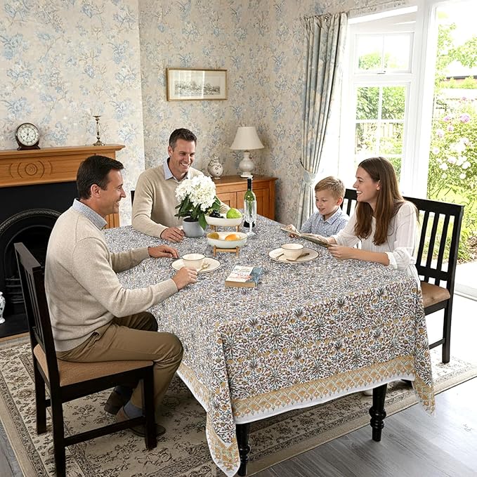 Ridhi Hand Block Print Goldenrod Yellow Rectangle Cotton Tablecloth 102" x 48" Reusable Table Cover Decorative Everyday Use for Dining, Farmhouse, Home Gift for Spring, Easter, Valentine