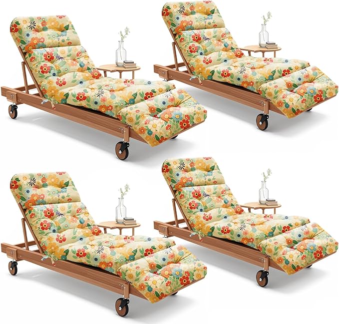 4 Pack Outdoor Chaise Lounge Chair Cushion 75.1 x 22.8 x 4.7 Inches 100% Waterproof Replacement Cotton Patio Pool Lounge Chair Cushion for Outdoor Furniture with Ties,Daisy