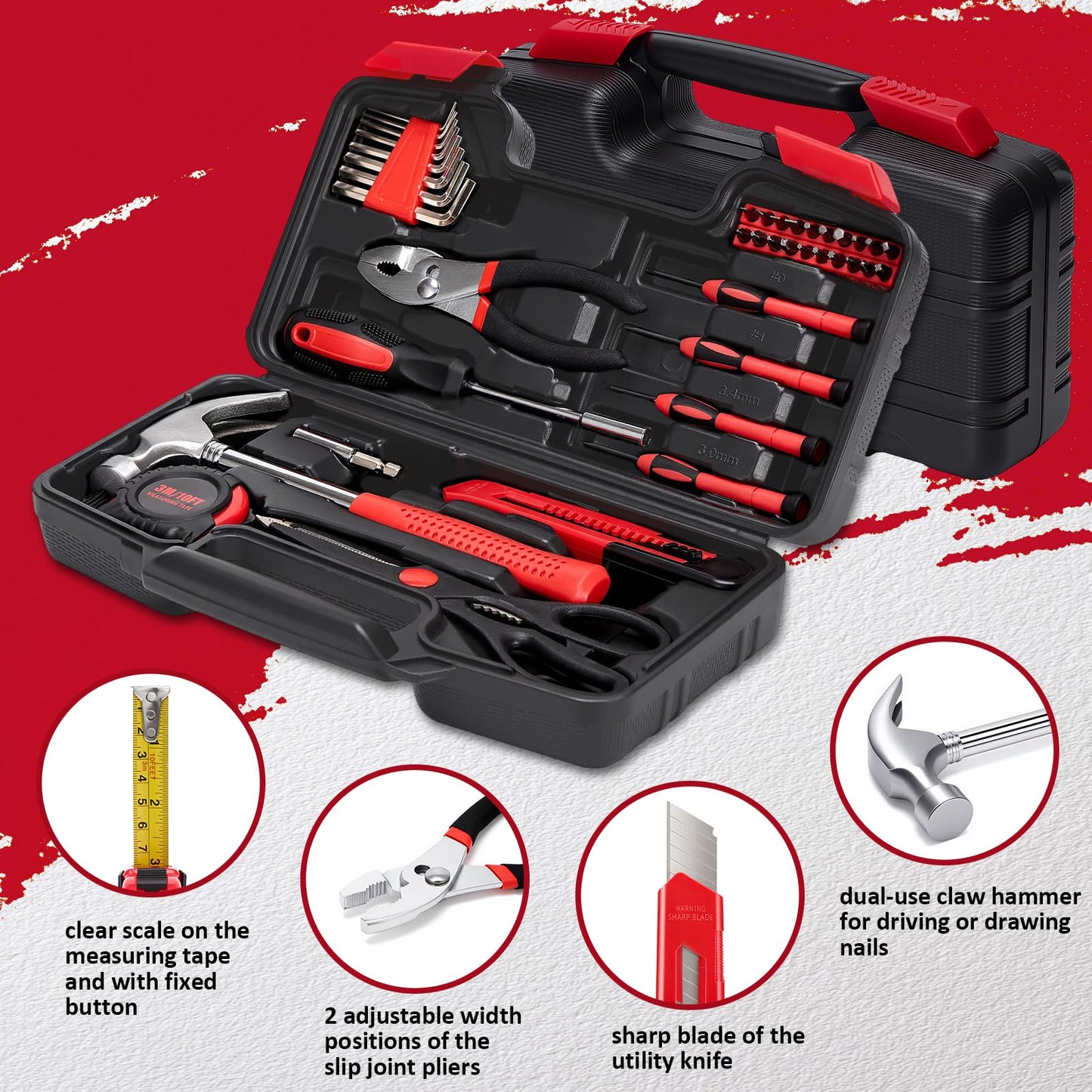 WGGE 39-Piece Home Tool Set– Durable Household Hand Tool Kit with Hammer, Screwdrivers, Pliers, Wrench, Hex Keys & More – Compact Storage Case for Home Repairs, DIY & Maintenance