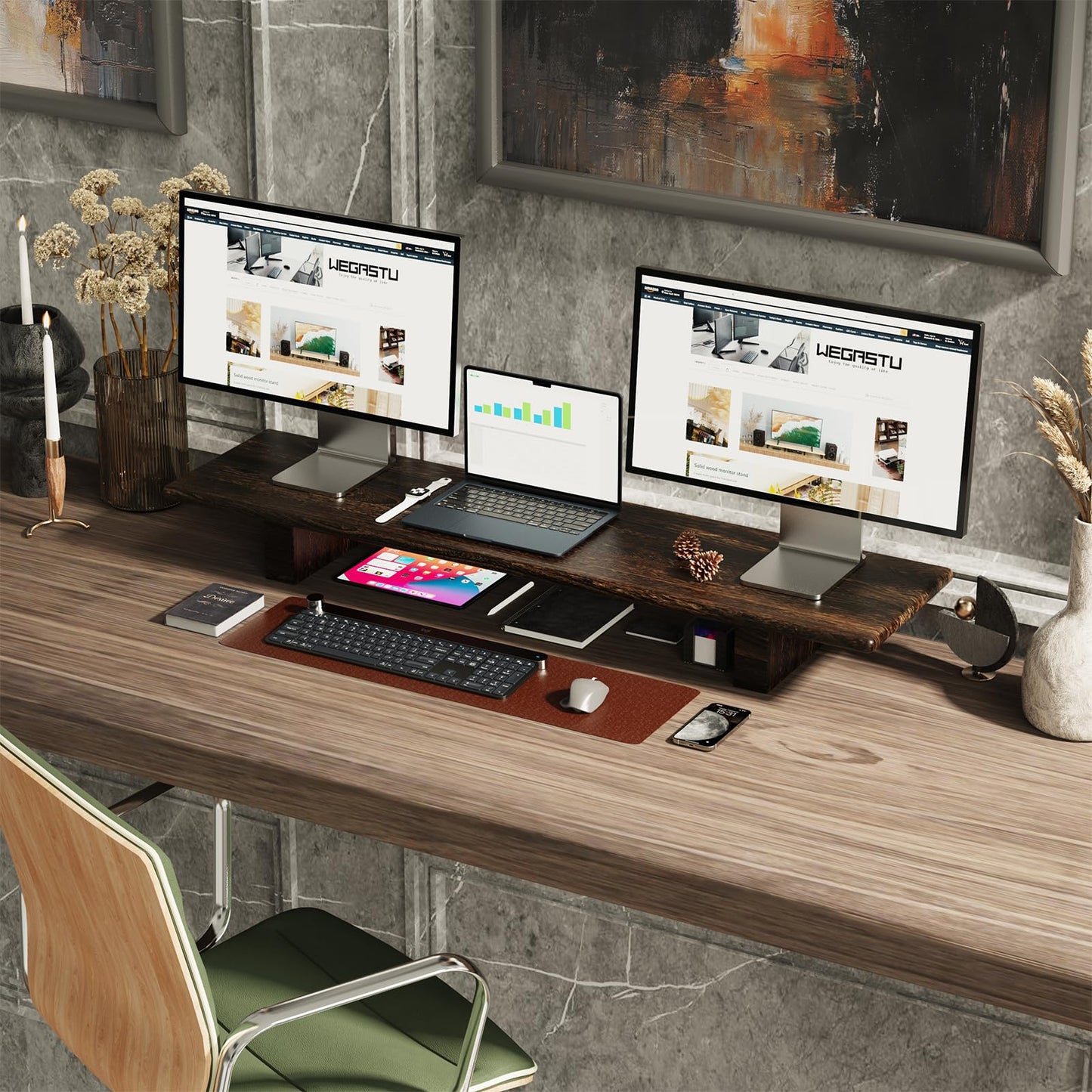 "WEGASTU Solid Wood Rustic Desk Monitor Stand with Storage，Large Dual Monitor Stand Riser for Laptop Computer/TV/PC/Printers, Perfect Desktop Stands Organizer with Underneath Storage for Office