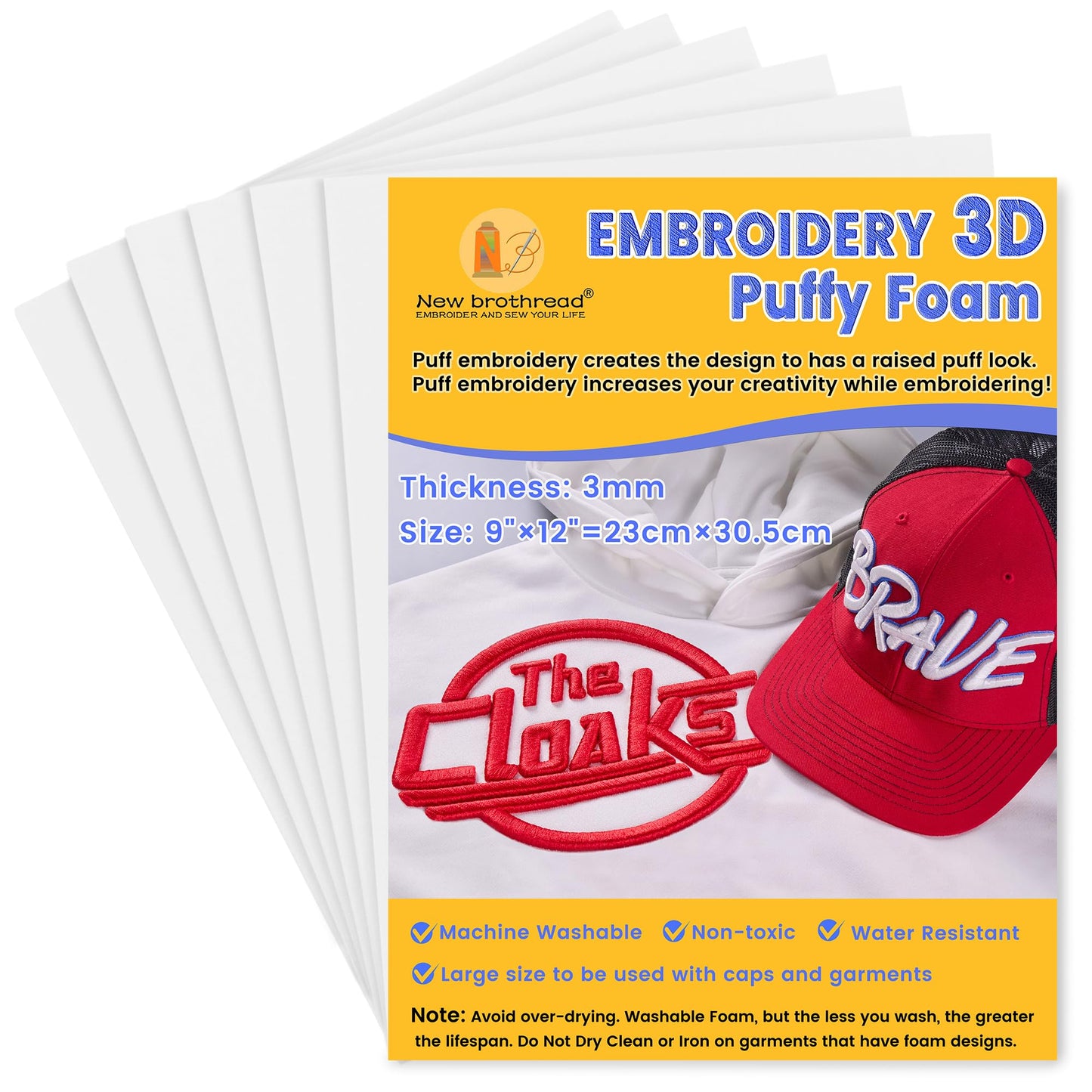 New brothread - 15 Options- 6PCS Embroidery Puffy Foam 9″x12″ Large Size 3MM Creating 3D Embroidery Effect for Caps, Garments, Jackets, Bags, Backpacks and More - White
